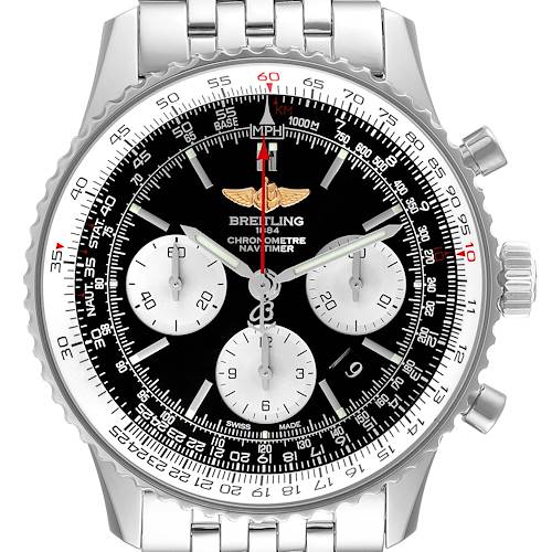 The image shows a front view of the Breitling Navitimer AB0120 Men's Stainless Steel Black Dial AB0120 Men's Stainless Steel Black Dial watch, displaying the dial, bezel, and bracelet.