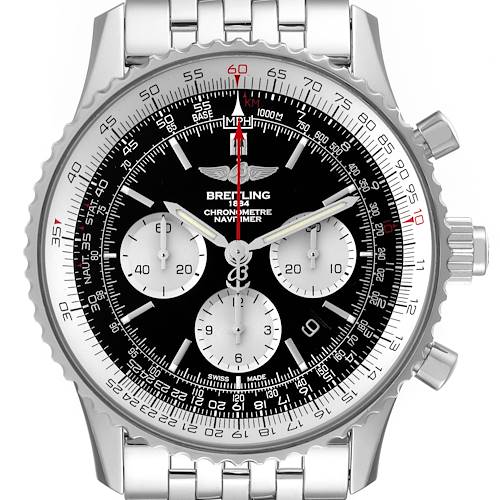 The image shows a front view of a Breitling Navitimer AB0310 Men's Stainless Steel Black Dial AB0310 Men's Stainless Steel Black Dial watch, displaying its dial, bezel, and chronograph sub-dials.