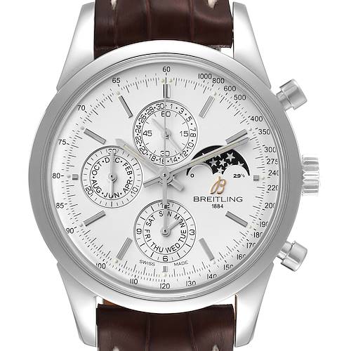The image shows a front view of the Breitling Transocean A19310 Men's Stainless Steel Silver Dial A19310 Men's Stainless Steel Silver Dial watch, highlighting its dial, subdials, moonphase, and chronograph features.