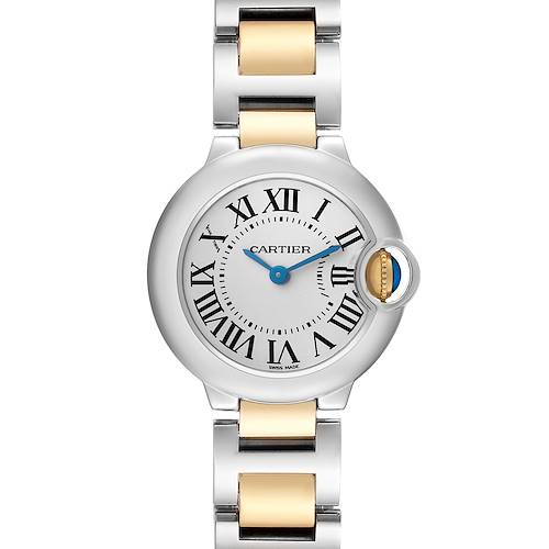 The Cartier Ballon Bleu watch (model W69007Z3) is shown from the front, highlighting the face, Roman numerals, blue hands, and a two-tone bracelet.