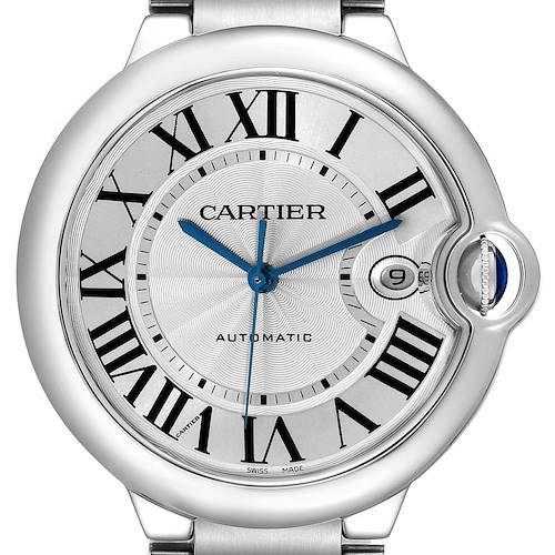 This image shows a close-up of the dial and crown of the Cartier Ballon Bleu W69012Z4 Men's Stainless Steel Silver Dial W69012Z4 Men's Stainless Steel Silver Dial watch from a front angle.