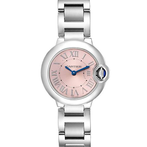 The image shows a front view of a Cartier Ballon Bleu W6920038 Women's Stainless Steel Pink Dial W6920038 Women's Stainless Steel Pink Dial watch, highlighting its face, bracelet, and crown.