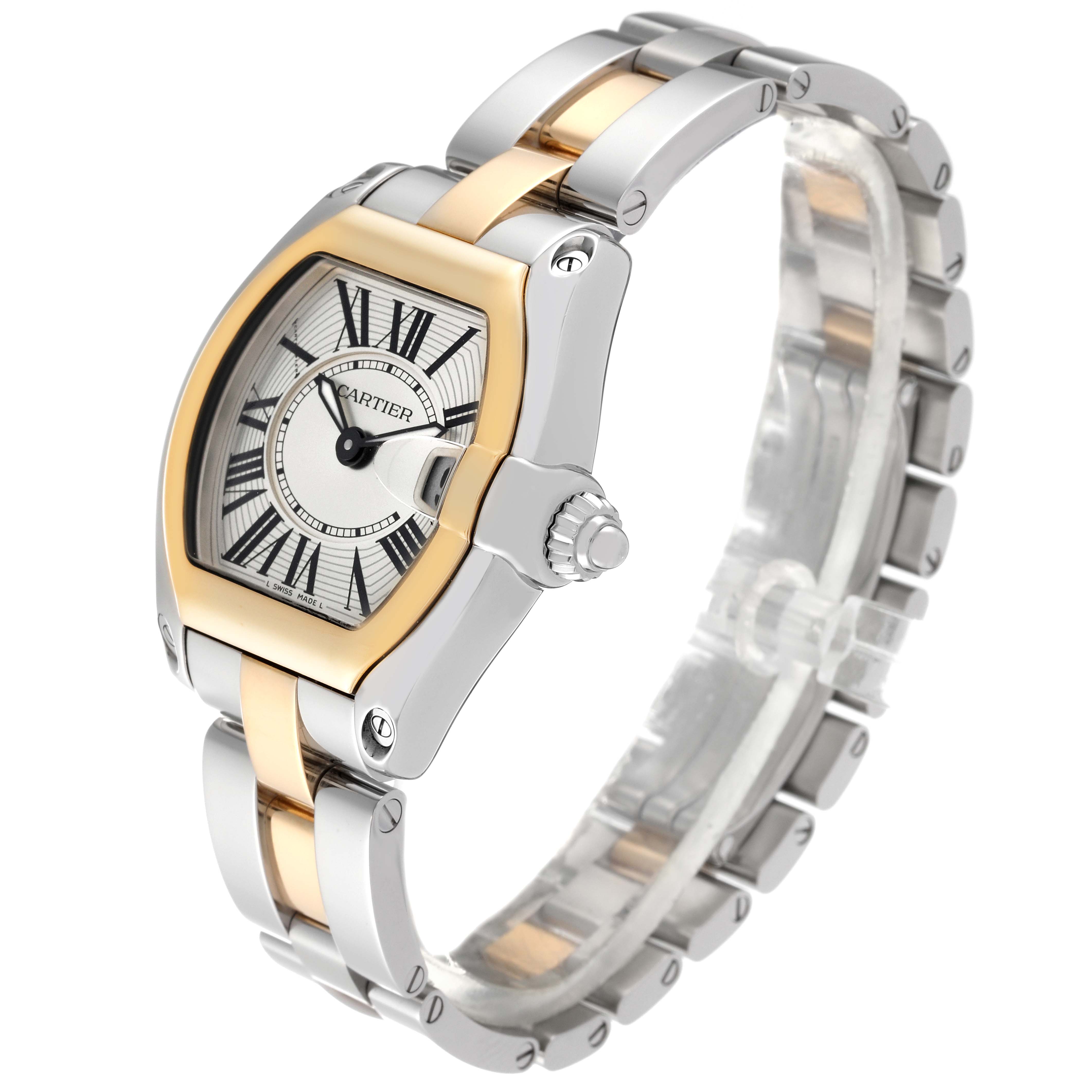 The Cartier Roadster W62026Y4 Women's Steel and Gold (two tone) Silver Dial W62026Y4 Women's Steel and Gold (two tone) Silver Dial watch is shown at a three-quarter angle, highlighting the face, bezel, crown, and a portion of the bracelet.