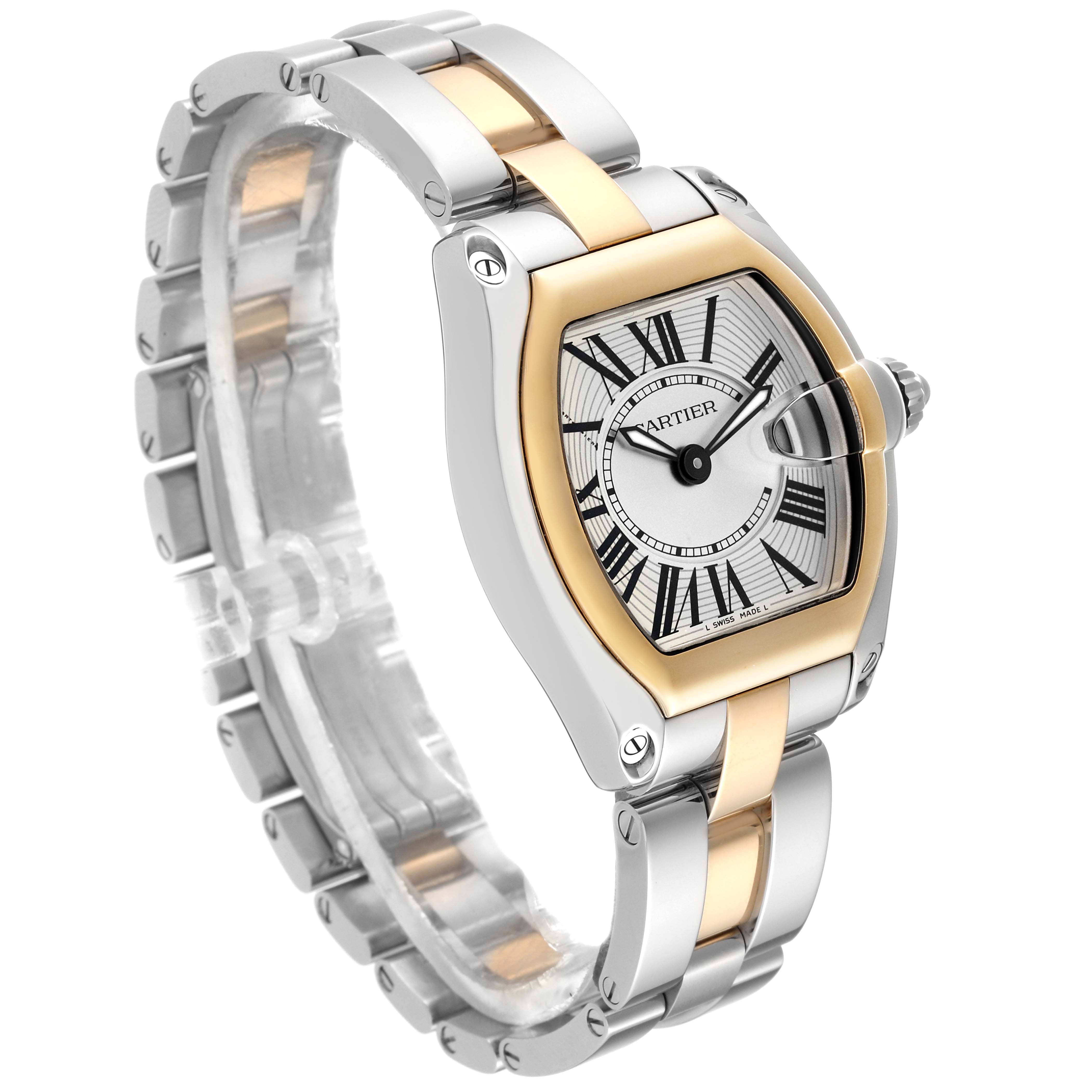 The image shows a side-angle view of the Cartier Roadster W62026Y4 Women's Steel and Gold (two tone) Silver Dial W62026Y4 Women's Steel and Gold (two tone) Silver Dial watch, including the face, bezel, crown, and two-tone metal bracelet.