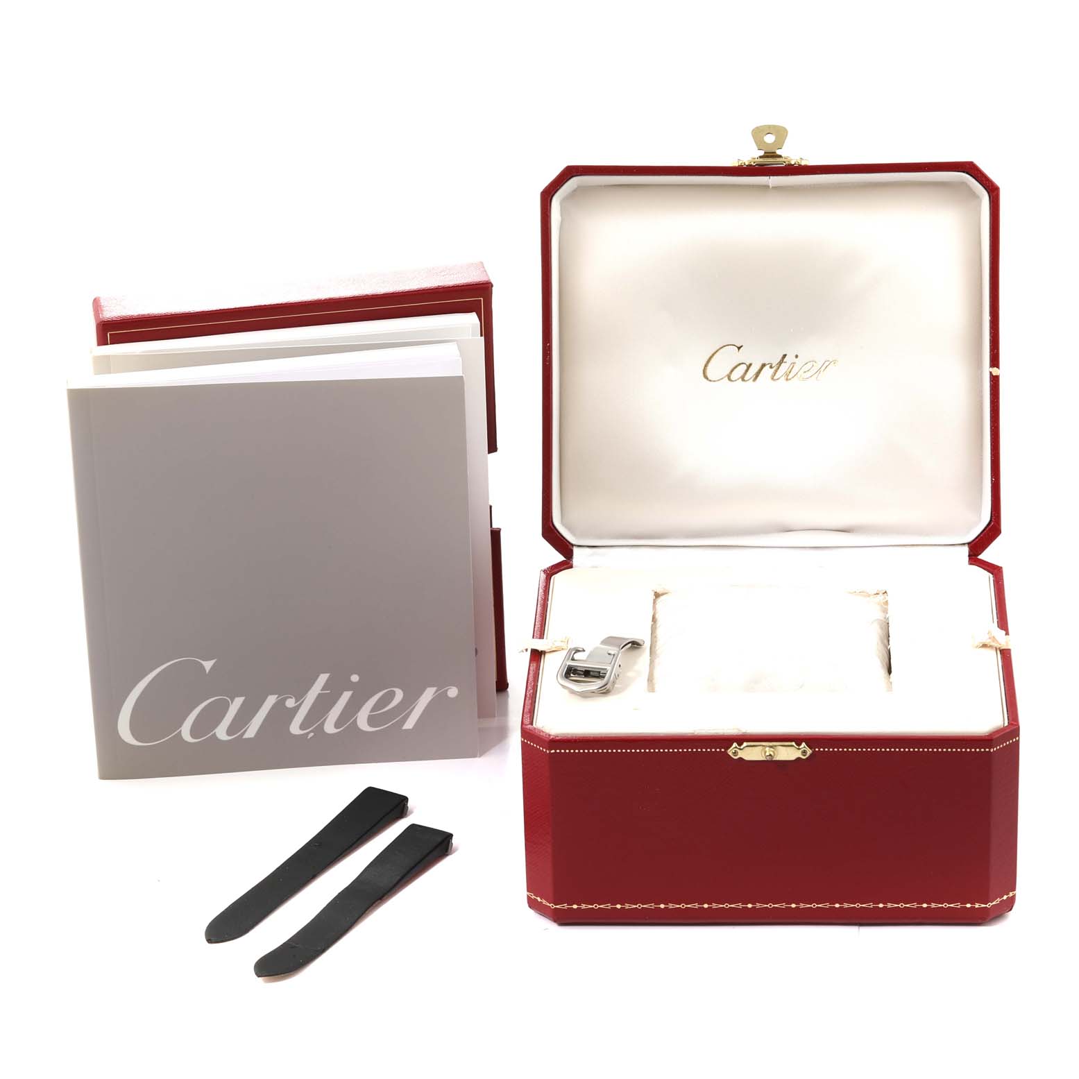 The image shows a Cartier Roadster W62026Y4 Women's Steel and Gold (two tone) Silver Dial W62026Y4 Women's Steel and Gold (two tone) Silver Dial watch box set including the box, user manuals, and watch accessories.