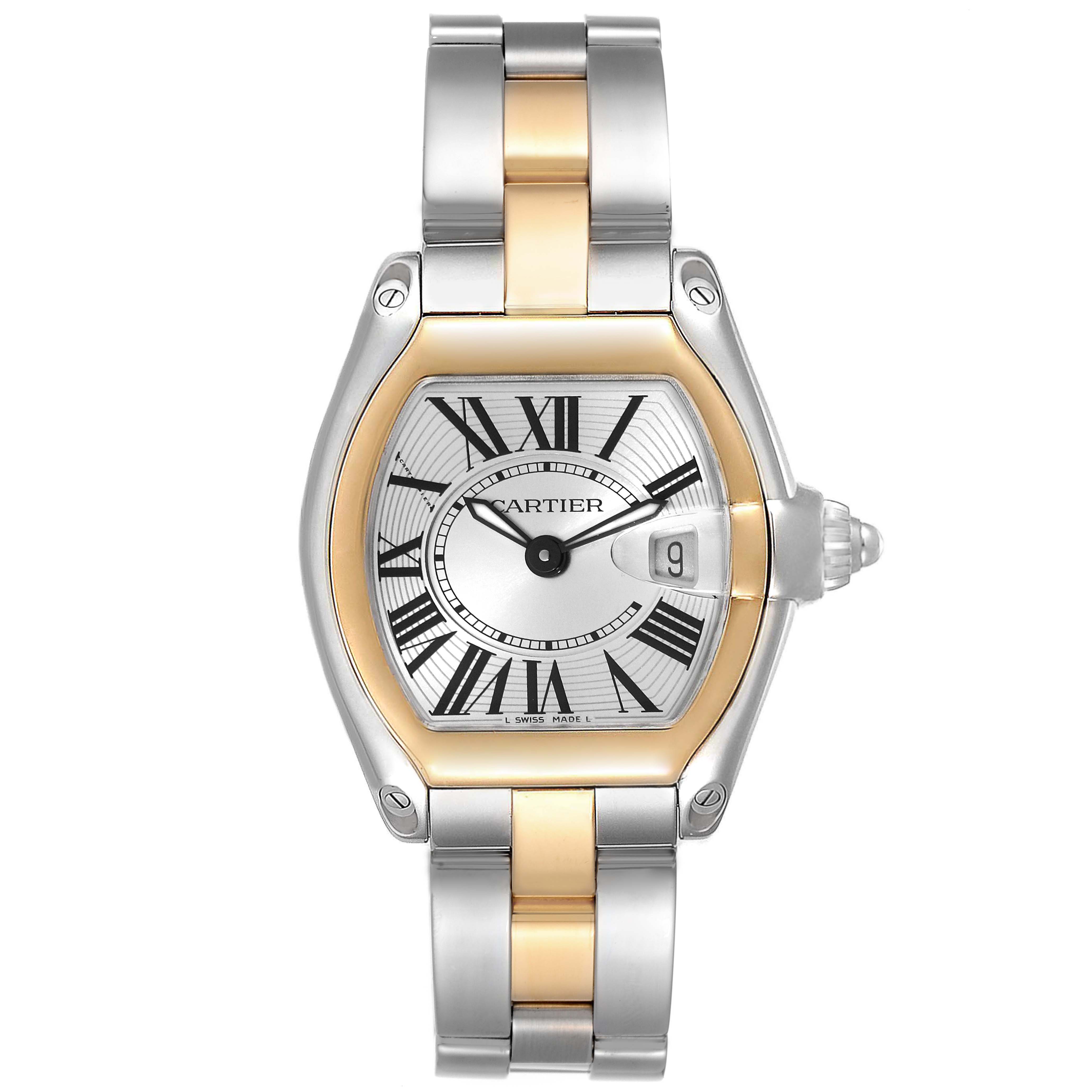 The Cartier Roadster W62026Y4 Women's Steel and Gold (two tone) Silver Dial W62026Y4 Women's Steel and Gold (two tone) Silver Dial watch is shown from a top-down angle, displaying the face, bezel, and bracelet.