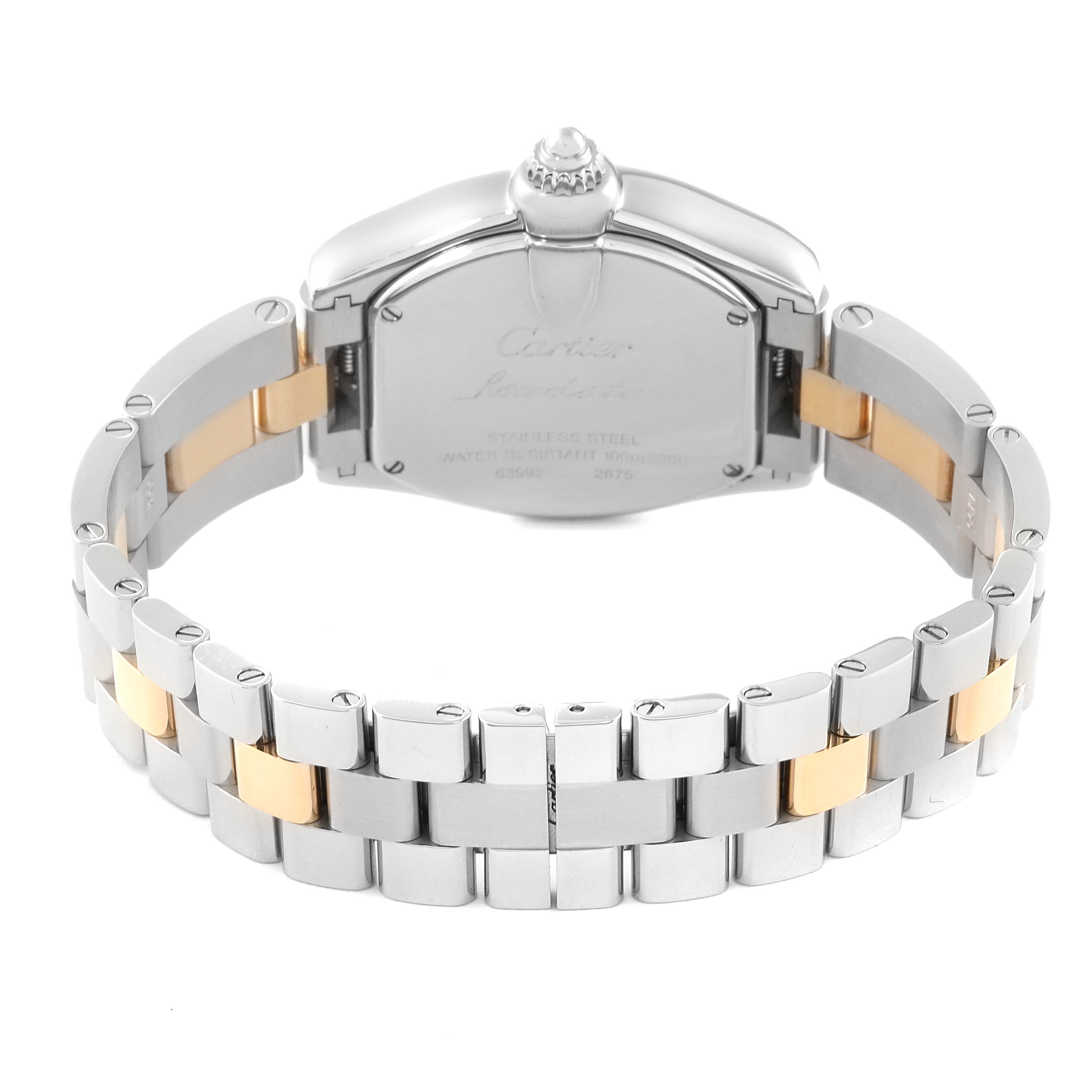 The image shows the Cartier Roadster W62026Y4 Women's Steel and Gold (two tone) Silver Dial W62026Y4 Women's Steel and Gold (two tone) Silver Dial watch from the back, highlighting the stainless steel and gold bracelet.