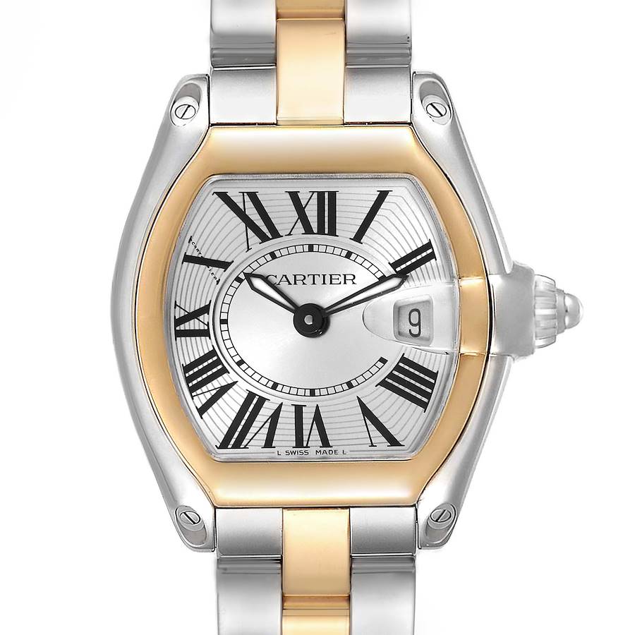 This image shows the face and bracelet of the Cartier Roadster W62026Y4 Women's Steel and Gold (two tone) Silver Dial W62026Y4 Women's Steel and Gold (two tone) Silver Dial watch, highlighting its Roman numerals, date window, and two-tone design.