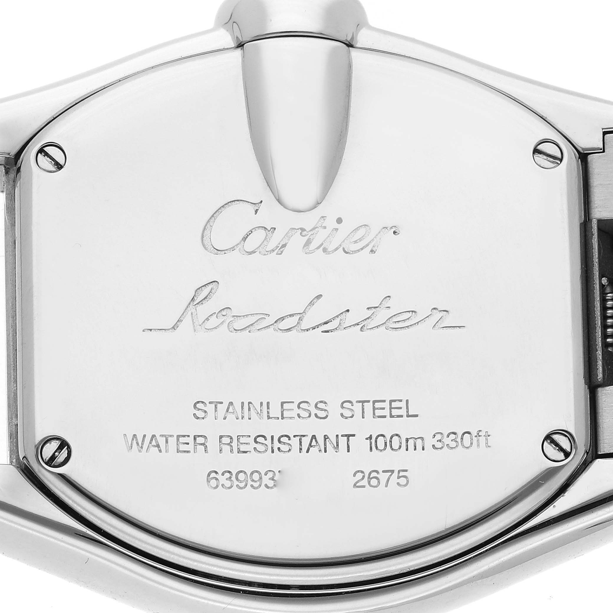 The image shows the engraved back case of a Cartier Roadster W62026Y4 Women's Steel and Gold (two tone) Silver Dial W62026Y4 Women's Steel and Gold (two tone) Silver Dial watch, providing details about its stainless steel material and water resistance.