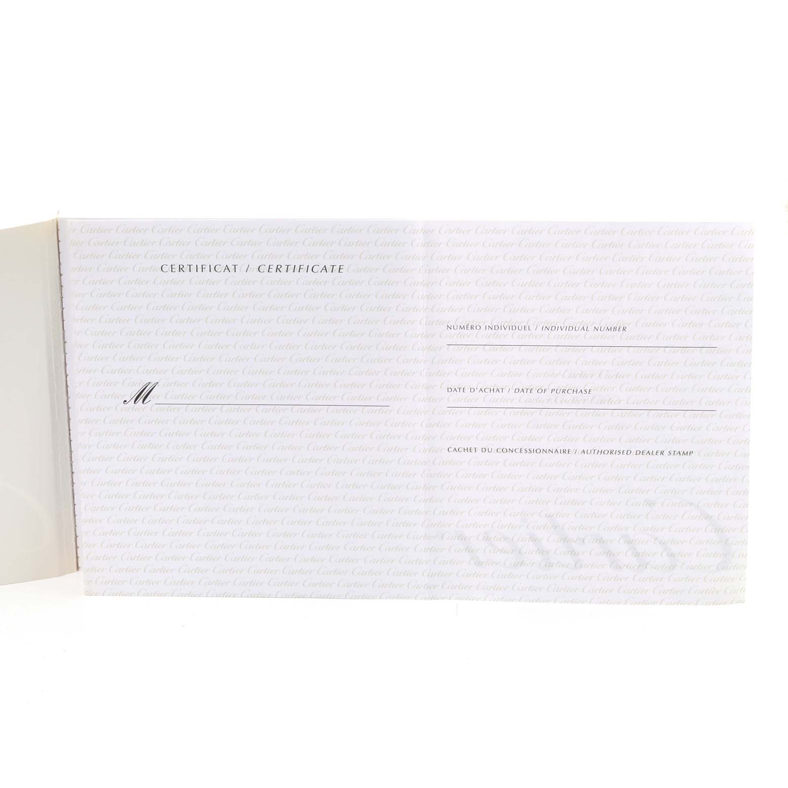 This is an open warranty certificate for the Roadster model by Cartier.