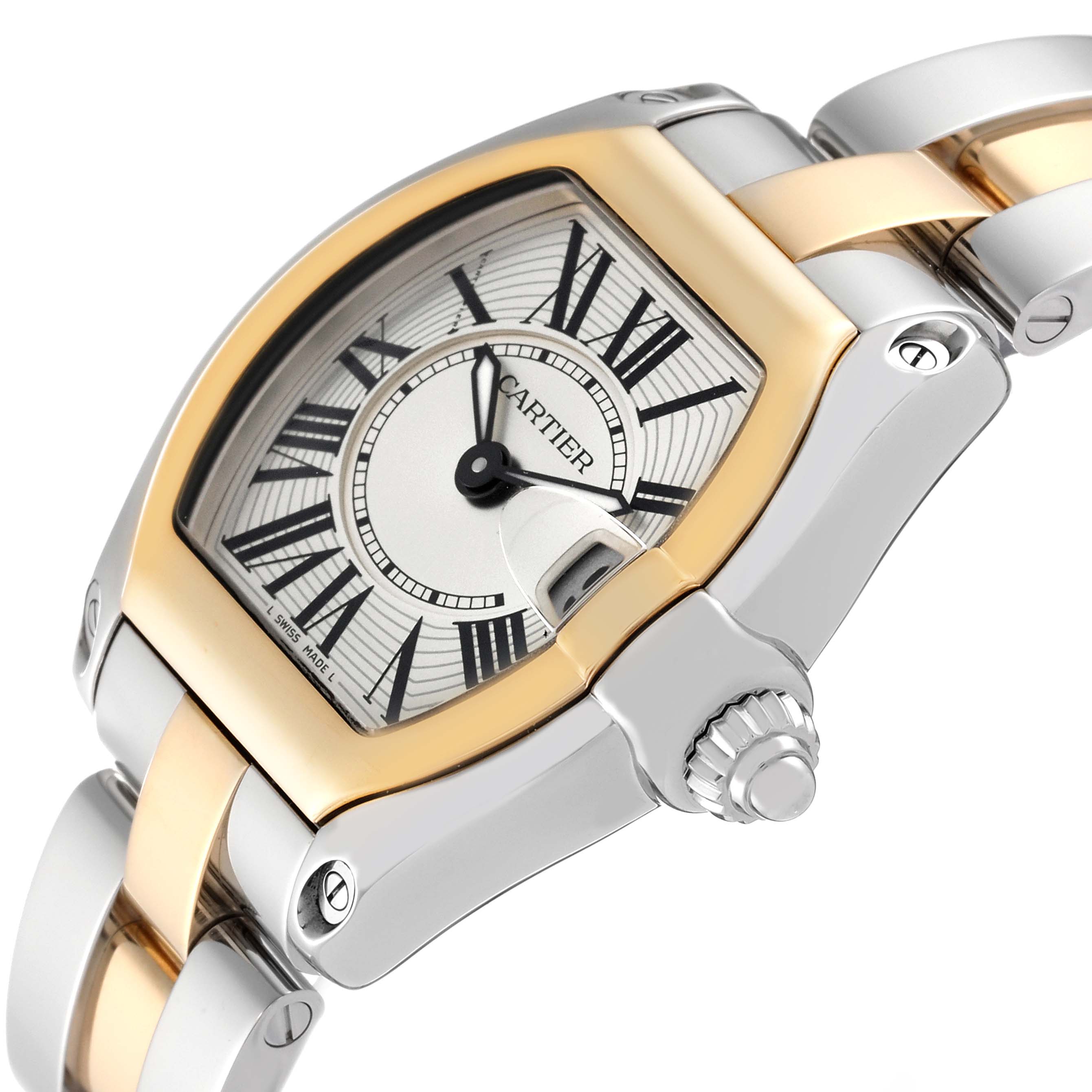 The Cartier Roadster W62026Y4 Women's Steel and Gold (two tone) Silver Dial W62026Y4 Women's Steel and Gold (two tone) Silver Dial watch is shown at an angled view, highlighting its dial, bezel, and part of the bracelet band.
