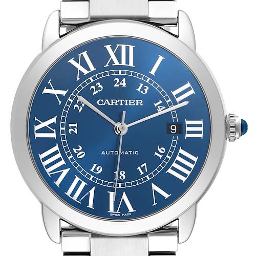 The Cartier Ronde WSRN0023 men's watch is shown from the front, highlighting its blue dial, Roman numerals, and date window with a metal bracelet.