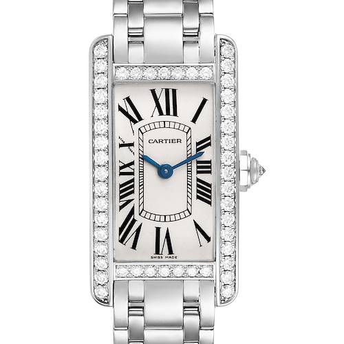 This image shows a front view of a Cartier Tank Américaine watch, displaying its rectangular dial, Roman numerals, and diamond-studded bezel.