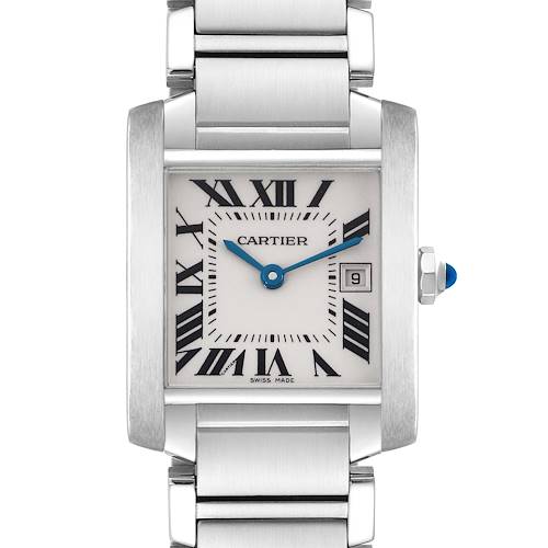 The Cartier Tank Francaise model W51011Q3 watch is shown from a front angle, displaying its face, Roman numeral indices, blue hands, and part of the bracelet.