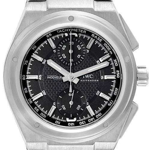 The IWC Ingenieur 63240 Men's Stainless Steel Black Dial 63240 Men's Stainless Steel Black Dial watch is shown from the front, displaying the dial, hands, subdials, bezel, and crown.