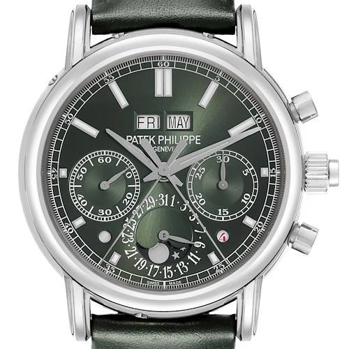 The Patek Philippe Complications 5204G-001 is shown from the front, highlighting its green dial with multiple subdials and day/date displays, along with pushers and crown.