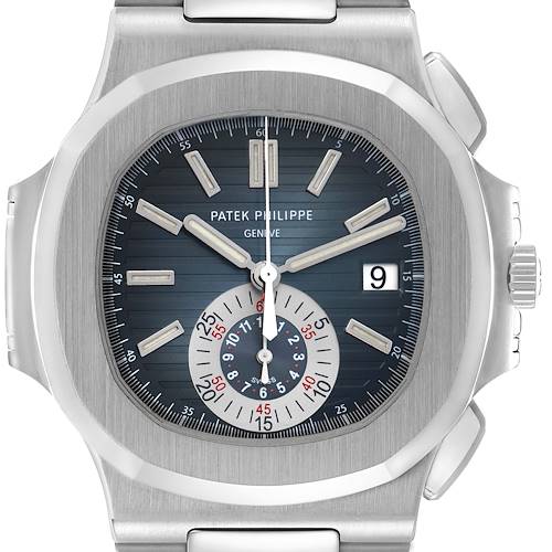 The image shows a frontal view of the Patek Philippe Nautilus 5980/1A-001 men's watch, highlighting the dial, sub-dials, and the stainless steel case and bracelet.