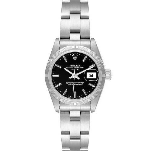 This image shows a frontal view of a Rolex Oyster Perpetual Date watch with its black dial, date window, and stainless steel bracelet.