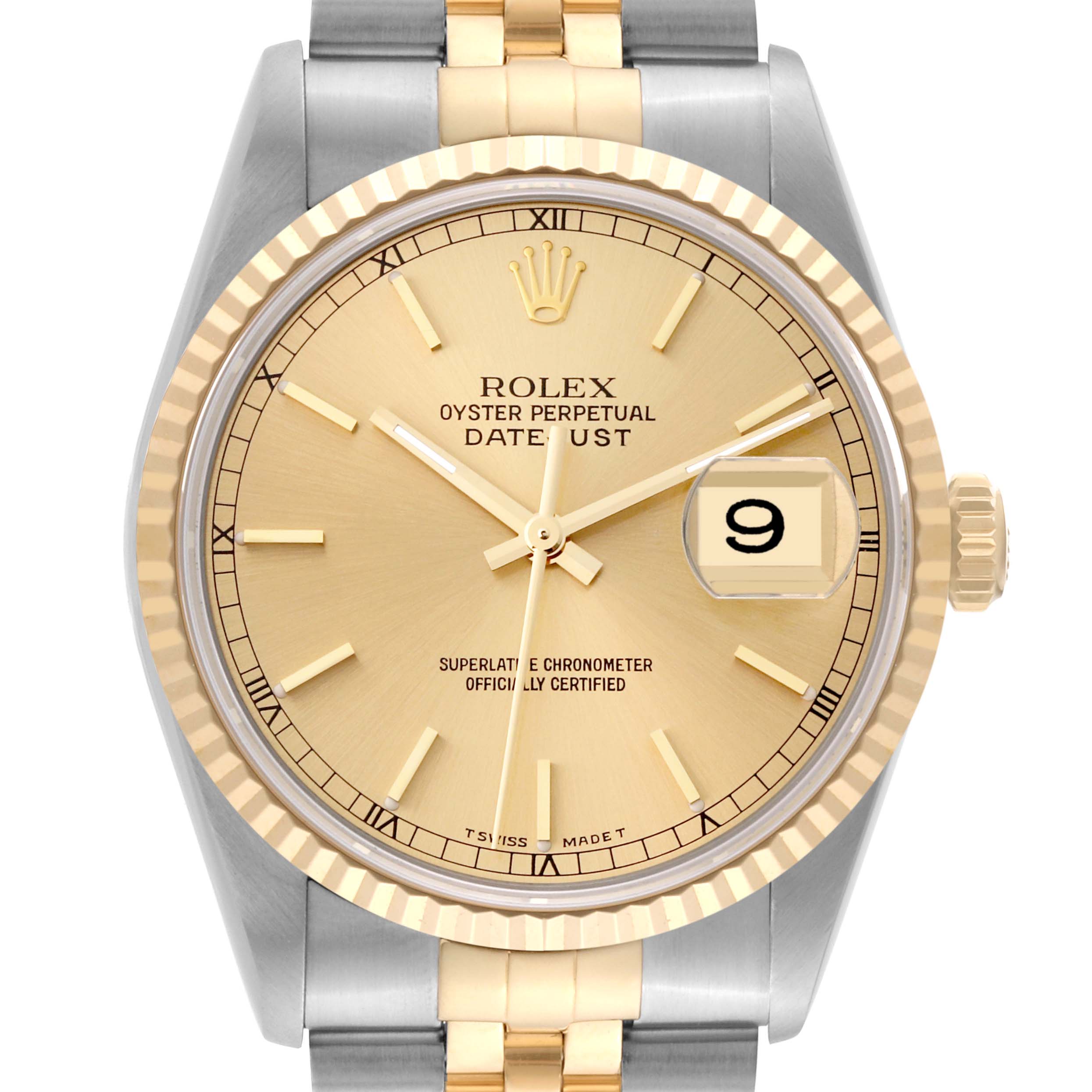 The image shows a frontal view of the Rolex Datejust 16233 Men's Steel and Gold (two tone) Champagne Dial 16233 Men's Steel and Gold (two tone) Champagne Dial watch, featuring the dial, bezel, and part of the bracelet.