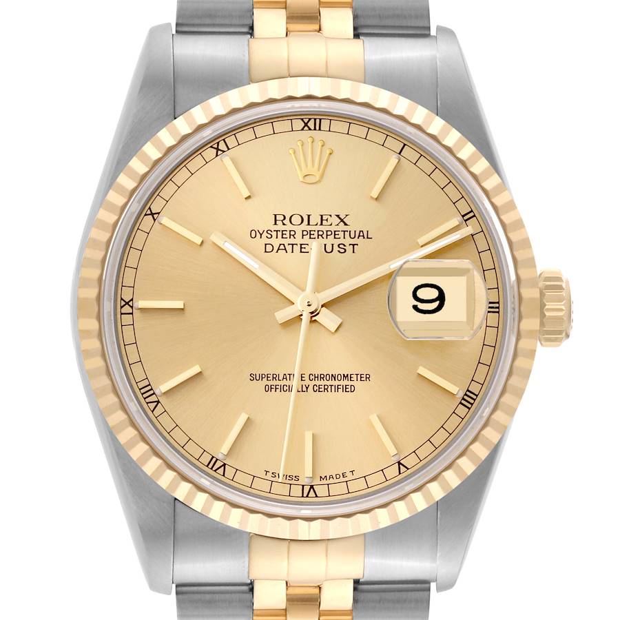 The image shows a frontal view of the Rolex Datejust 16233 Men's Steel and Gold (two tone) Champagne Dial 16233 Men's Steel and Gold (two tone) Champagne Dial watch, featuring the dial, bezel, and part of the bracelet.