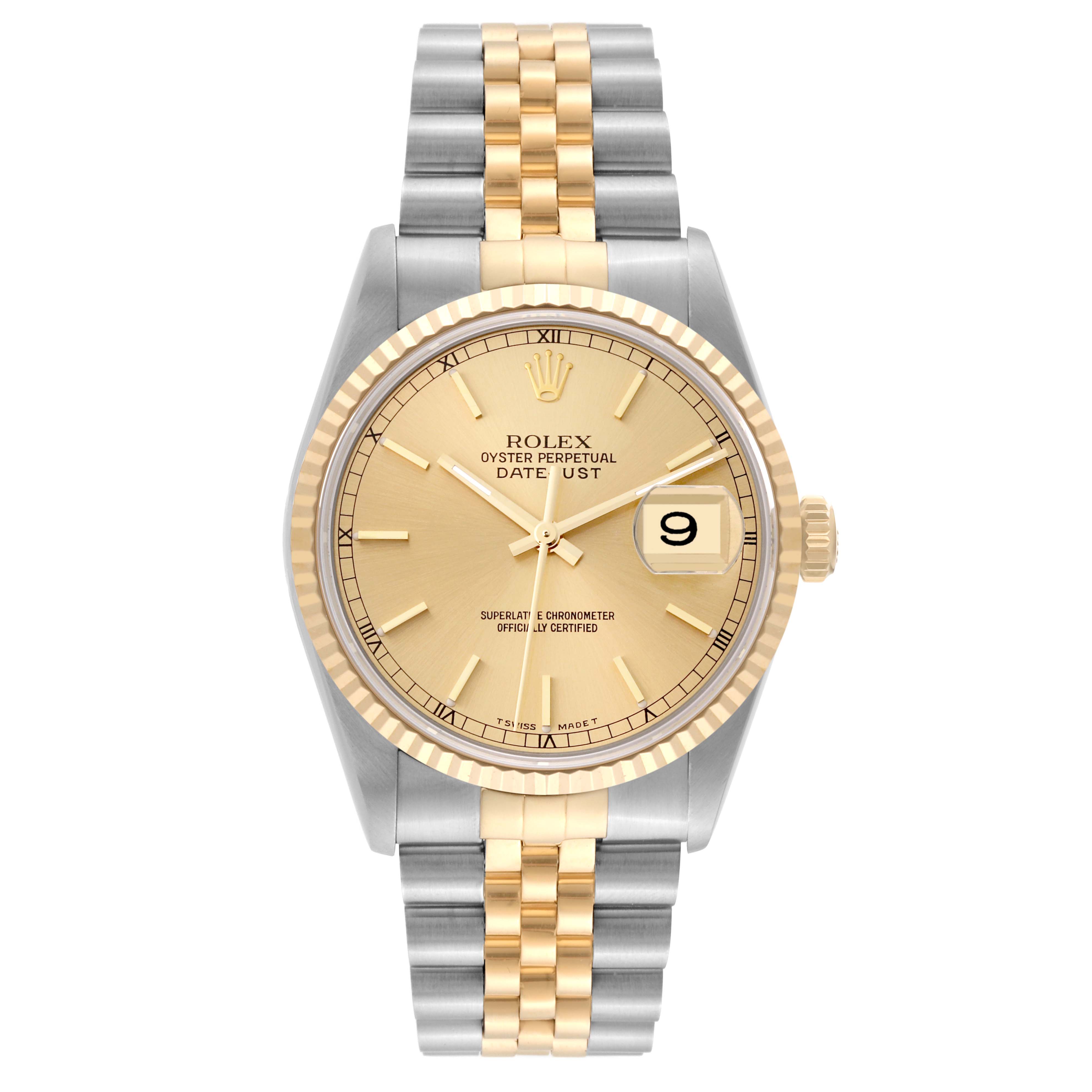 The image shows a frontal view of a Rolex Datejust 16233 Men's Steel and Gold (two tone) Champagne Dial 16233 Men's Steel and Gold (two tone) Champagne Dial watch displaying the dial, case, bezel, and part of the bracelet.