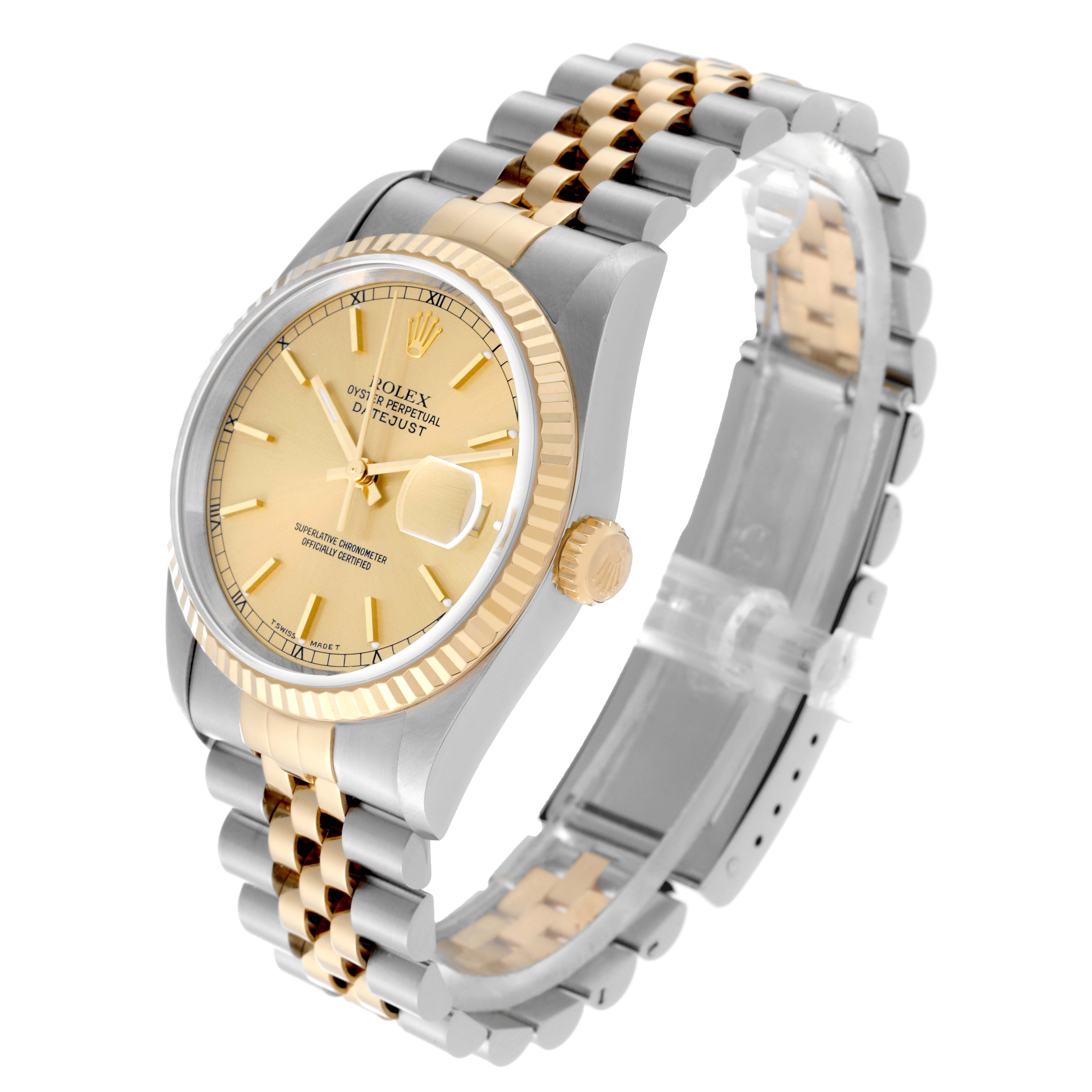 The image shows a Rolex Datejust 16233 Men's Steel and Gold (two tone) Champagne Dial 16233 Men's Steel and Gold (two tone) Champagne Dial watch at an oblique angle, highlighting its gold and silver bracelet, dial, bezel, and crown.