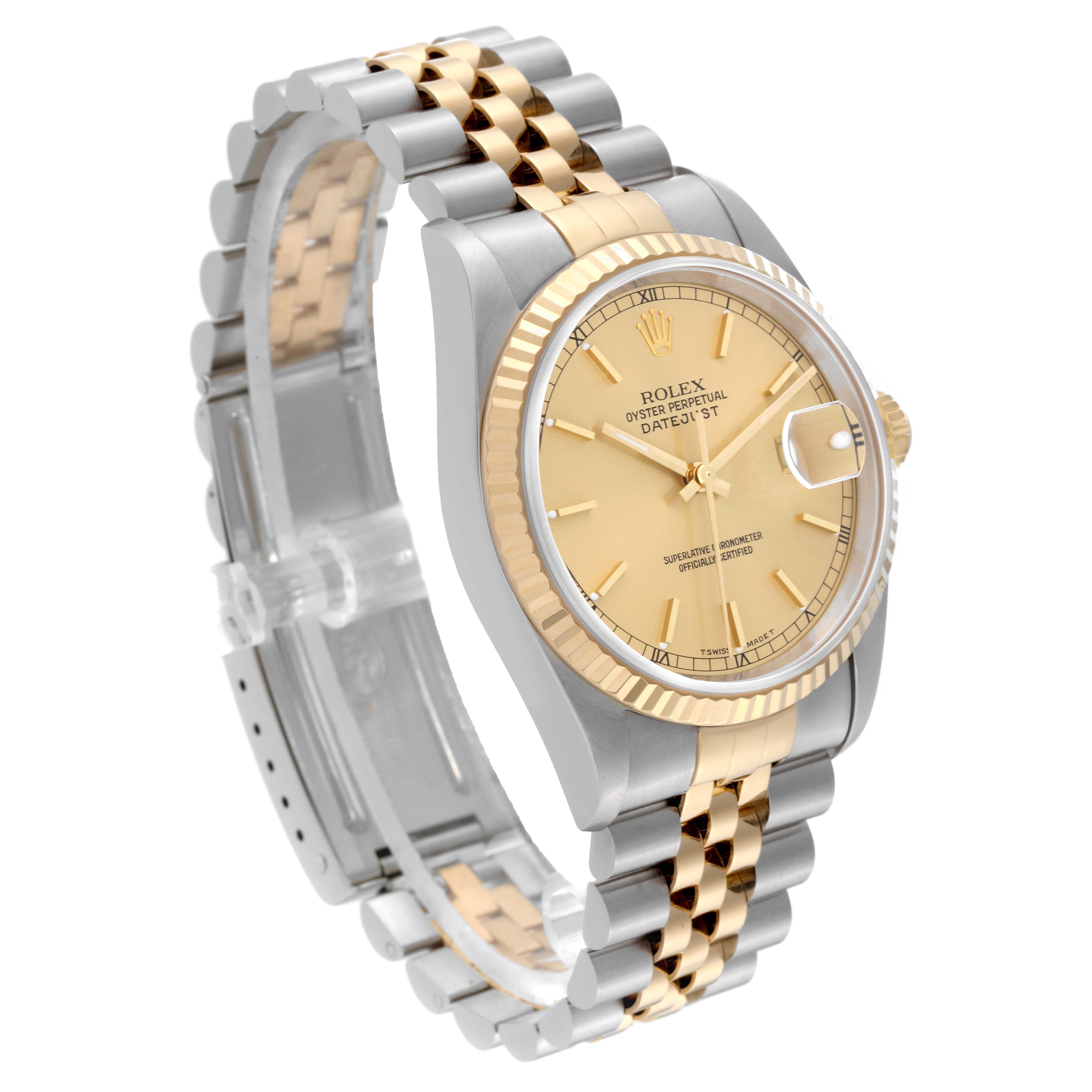 The Rolex Datejust 16233 Men's Steel and Gold (two tone) Champagne Dial 16233 Men's Steel and Gold (two tone) Champagne Dial watch is shown at an angle displaying the face, bezel, and two-tone bracelet.