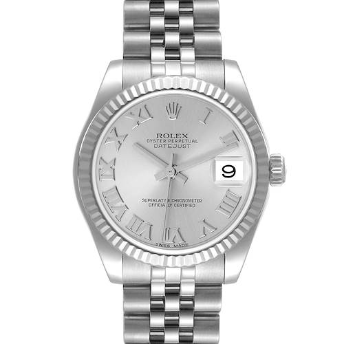 The image shows a frontal view of a Rolex Mid-Size 178274 Women's Stainless Steel Silver Dial 178274 Women's Stainless Steel Silver Dial Datejust watch, highlighting its dial, hands, date window, and bracelet.