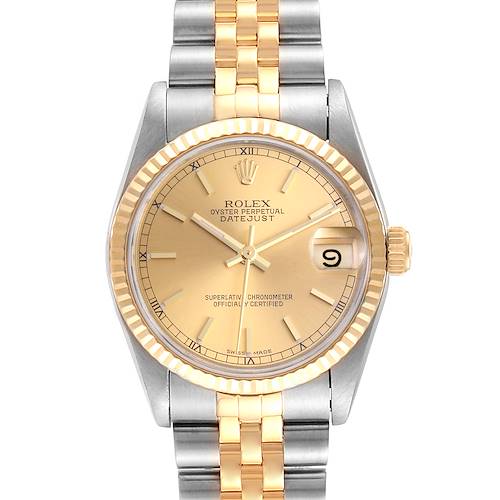 The image shows a Rolex Datejust 68273  Women's Steel and Gold (two tone) Champagne Dial 68273  Women's Steel and Gold (two tone) Champagne Dial watch from a front-facing angle, highlighting the dial, bezel, and part of the bracelet.