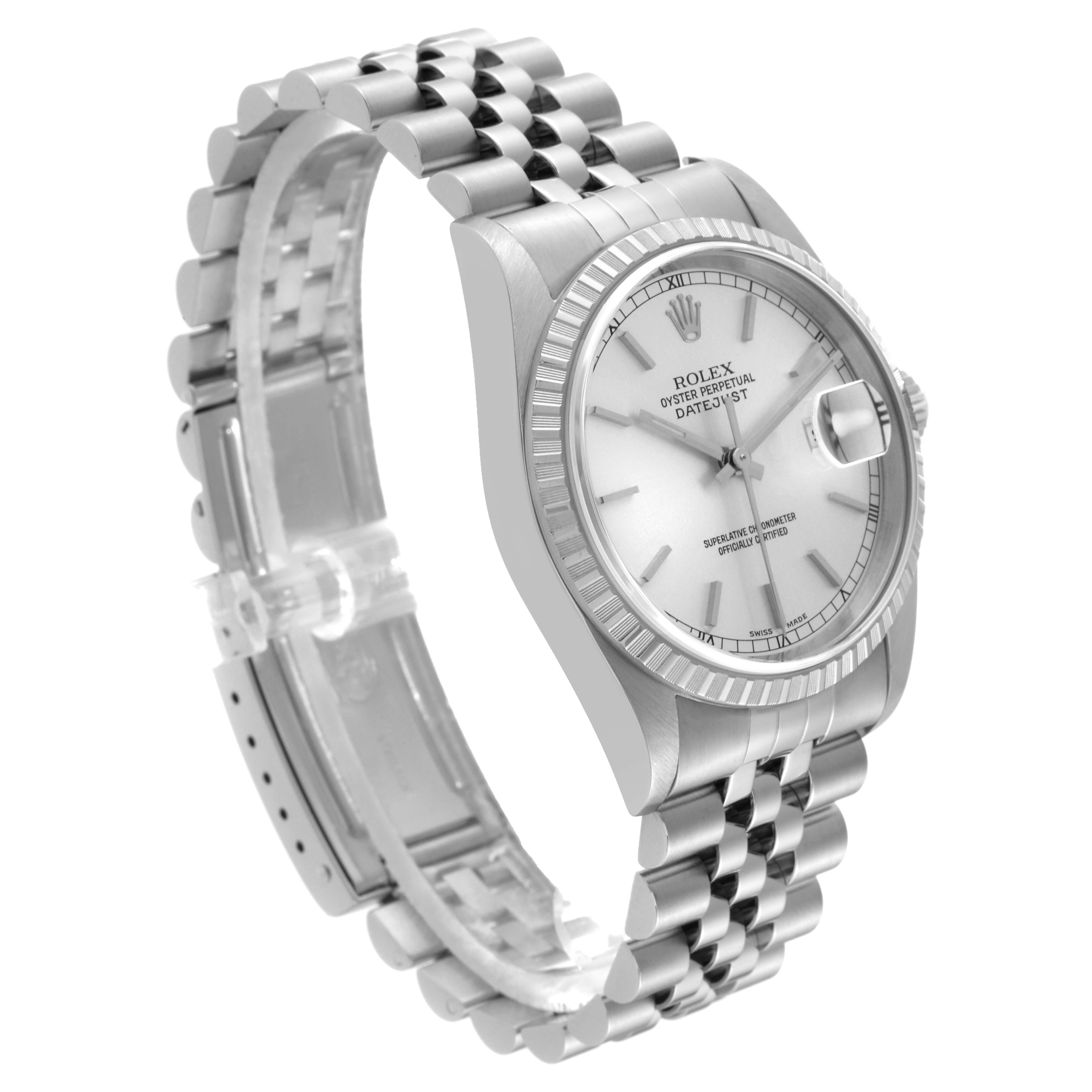 The image shows a side angle of a Rolex Datejust 16220 Men's Stainless Steel Silver Dial 16220 Men's Stainless Steel Silver Dial watch, highlighting the case, dial, bracelet, and clasp.