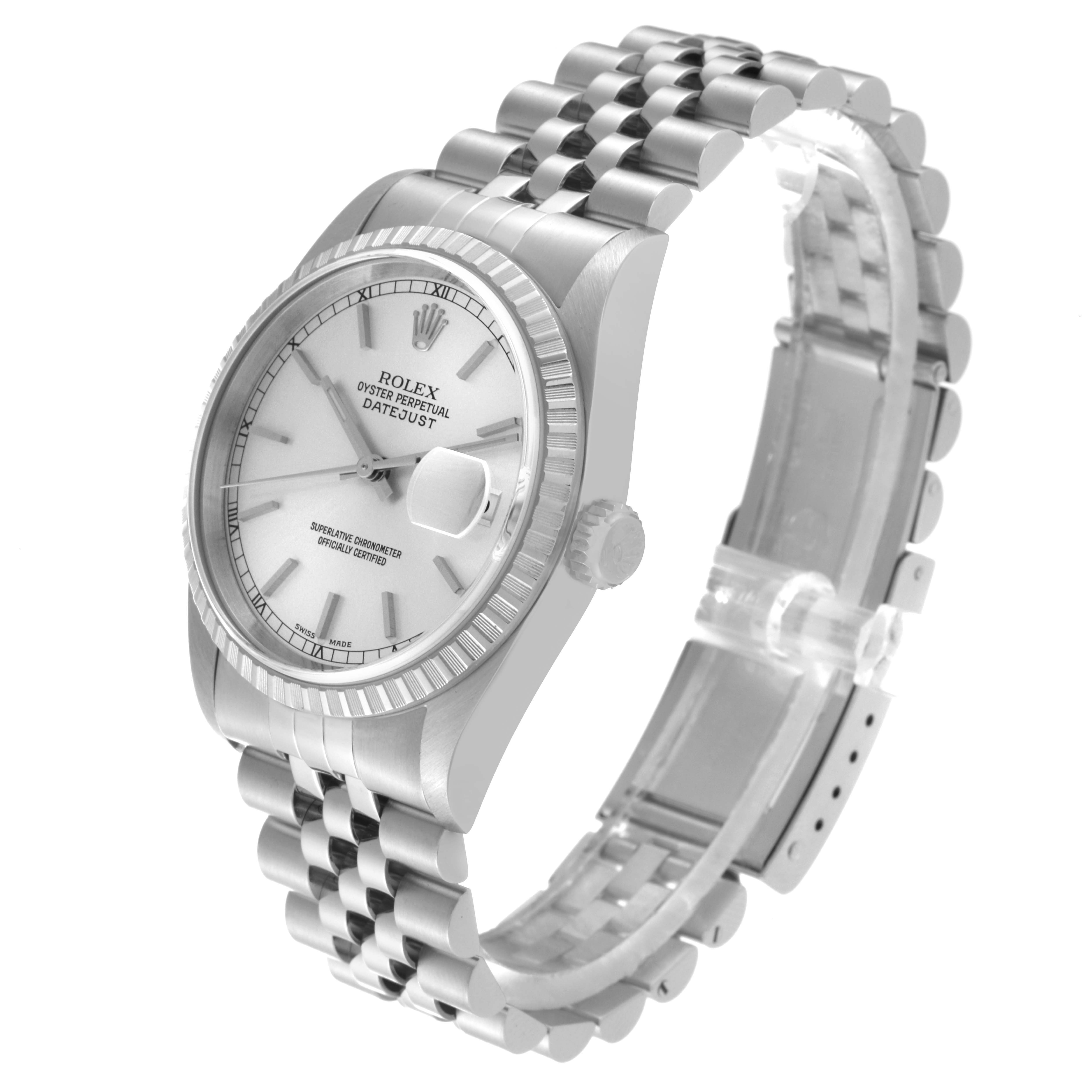 The image shows a Rolex Datejust 16220 Men's Stainless Steel Silver Dial 16220 Men's Stainless Steel Silver Dial watch at a three-quarter angle, highlighting the dial, bezel, crown, and Jubilee bracelet.