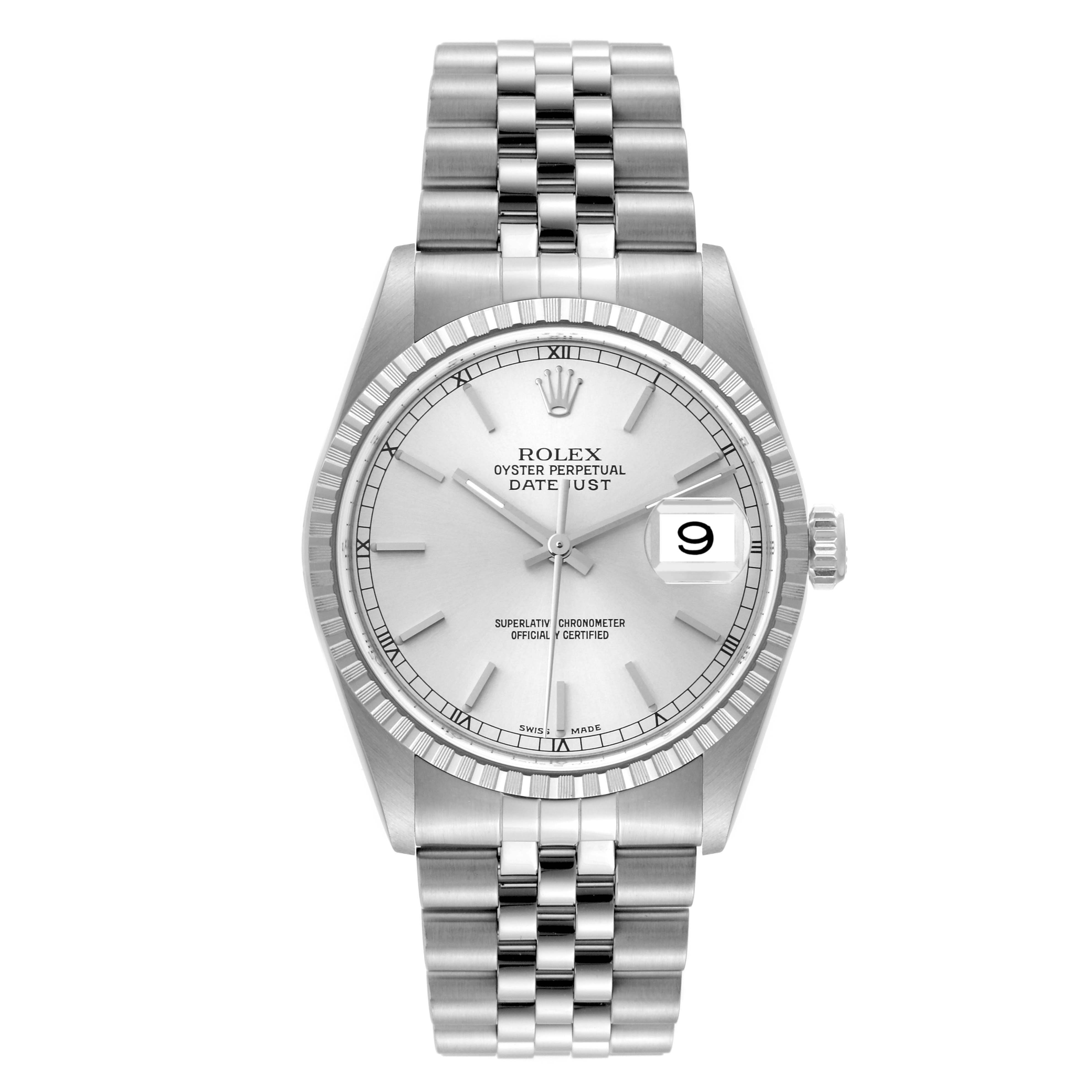 The image shows a front view of a Rolex Datejust 16220 Men's Stainless Steel Silver Dial 16220 Men's Stainless Steel Silver Dial watch, displaying the dial, bezel, crown, and bracelet.