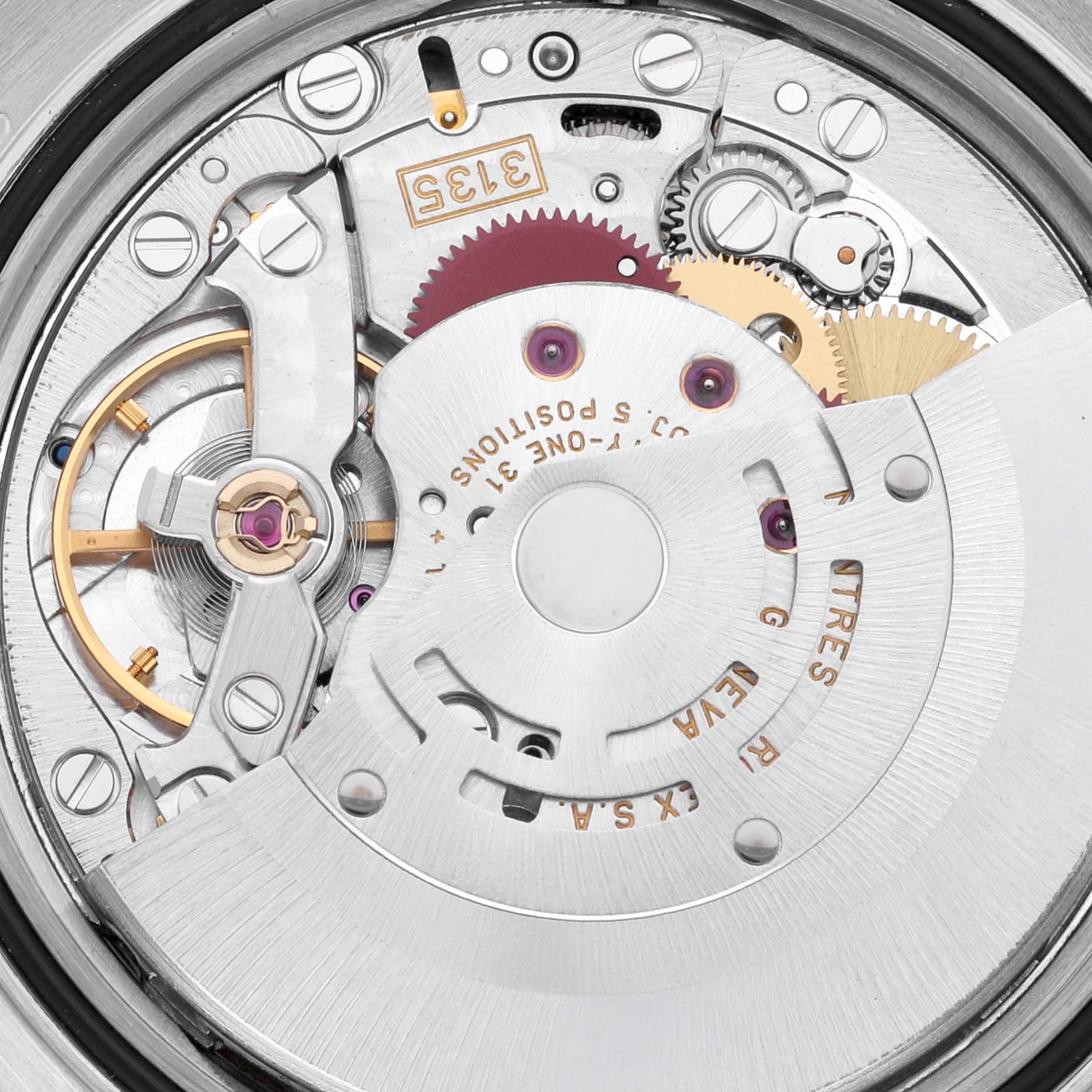 This is a close-up view of the Rolex Datejust 16220 Men's Stainless Steel Silver Dial 16220 Men's Stainless Steel Silver Dial watch movement mechanism.