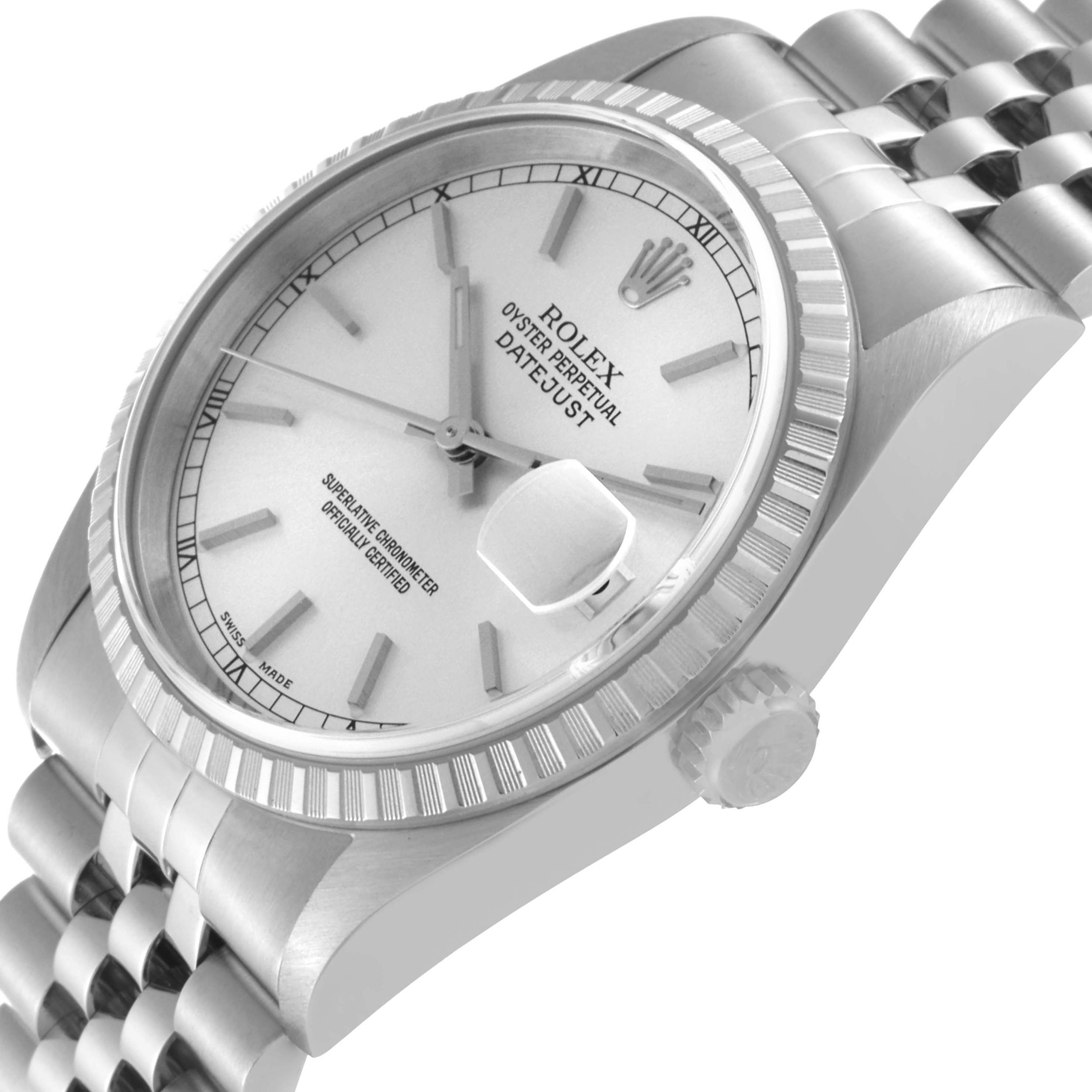 This image shows a Rolex Datejust 16220 Men's Stainless Steel Silver Dial 16220 Men's Stainless Steel Silver Dial watch at an angled close-up, highlighting its fluted bezel, crown, bracelet, and dial with date window.
