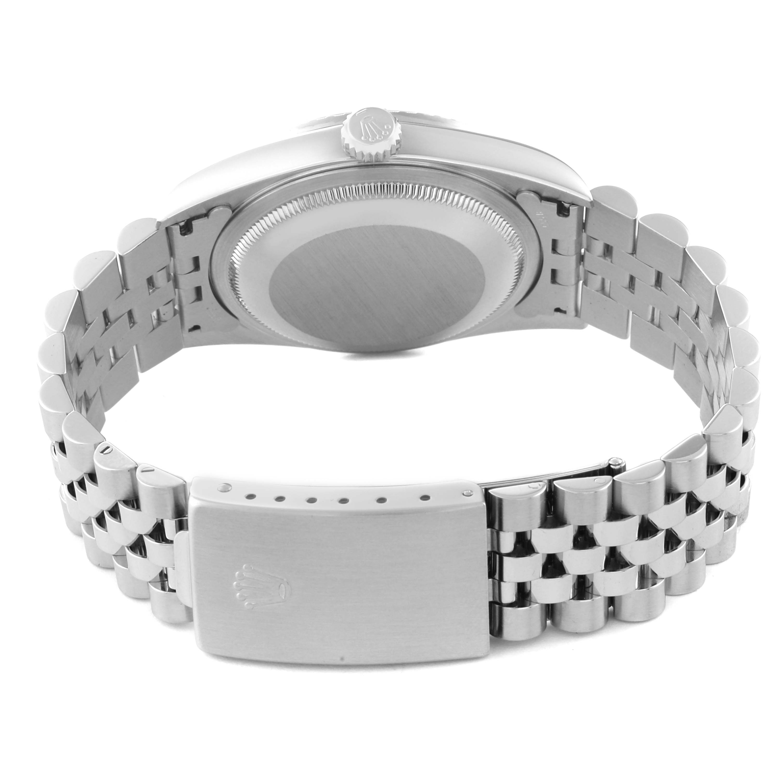 The image shows the back view of a Rolex Datejust 16220 Men's Stainless Steel Silver Dial 16220 Men's Stainless Steel Silver Dial watch, highlighting the case back, crown, and jubilee bracelet with clasp.