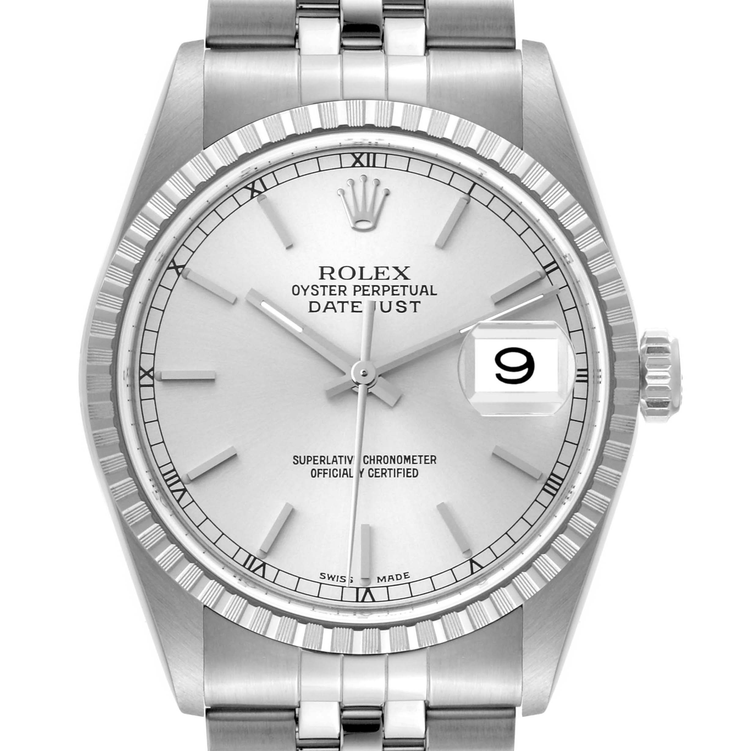 The Rolex Datejust 16220 Men's Stainless Steel Silver Dial 16220 Men's Stainless Steel Silver Dial watch is shown from the front, displaying its dial, hands, fluted bezel, and part of the bracelet.
