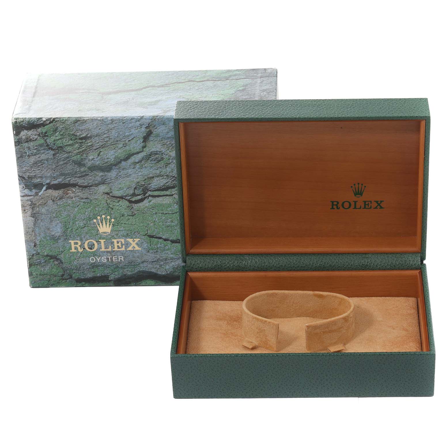 The image shows the outer and inner packaging boxes for a Rolex Datejust 16220 Men's Stainless Steel Silver Dial 16220 Men's Stainless Steel Silver Dial watch, with the inner box open and empty.