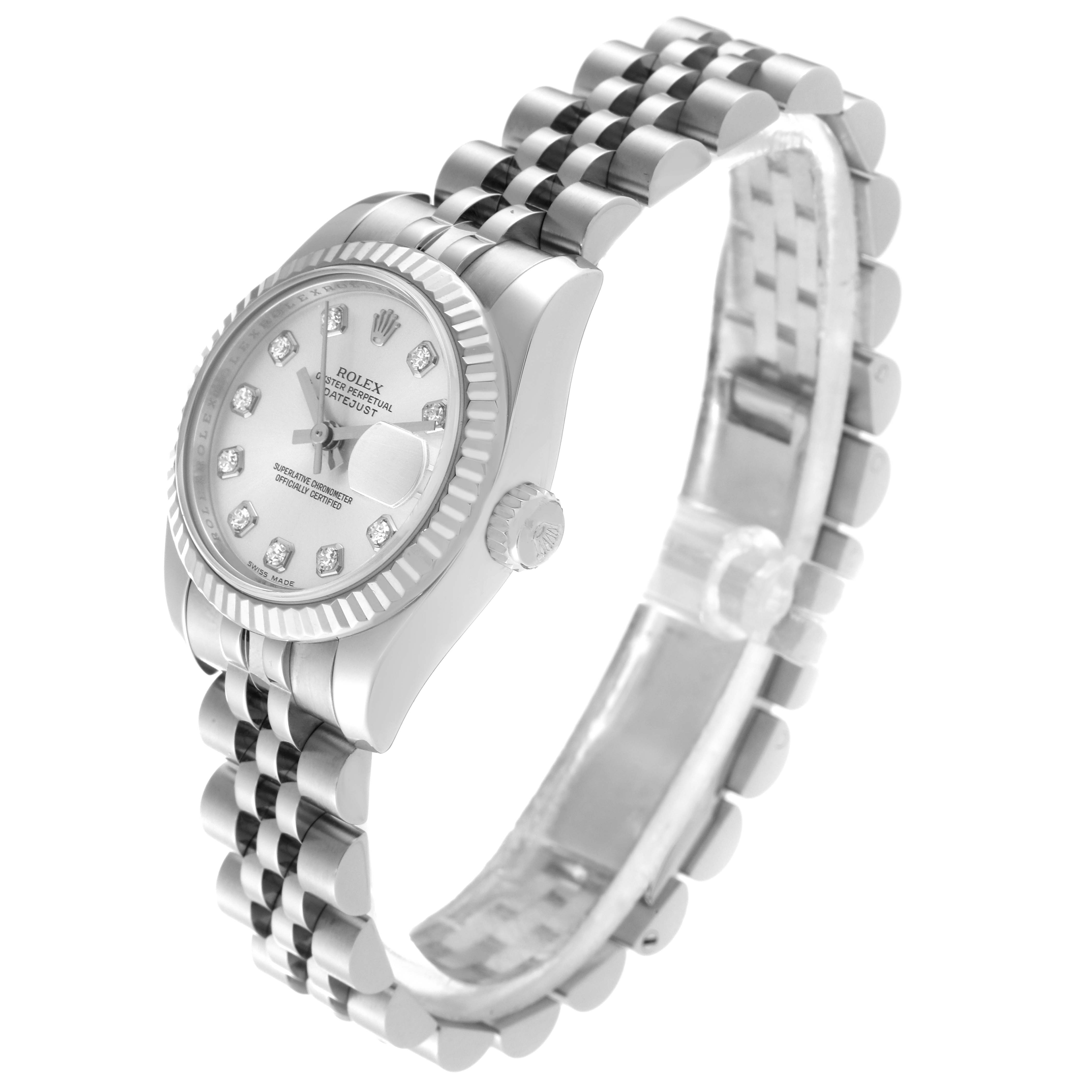 The image shows a side angle of a Rolex Datejust 179174 Women's Stainless Steel Silver Dial 179174 Women's Stainless Steel Silver Dial watch, highlighting the face, bezel, dial, crown, and part of the bracelet.