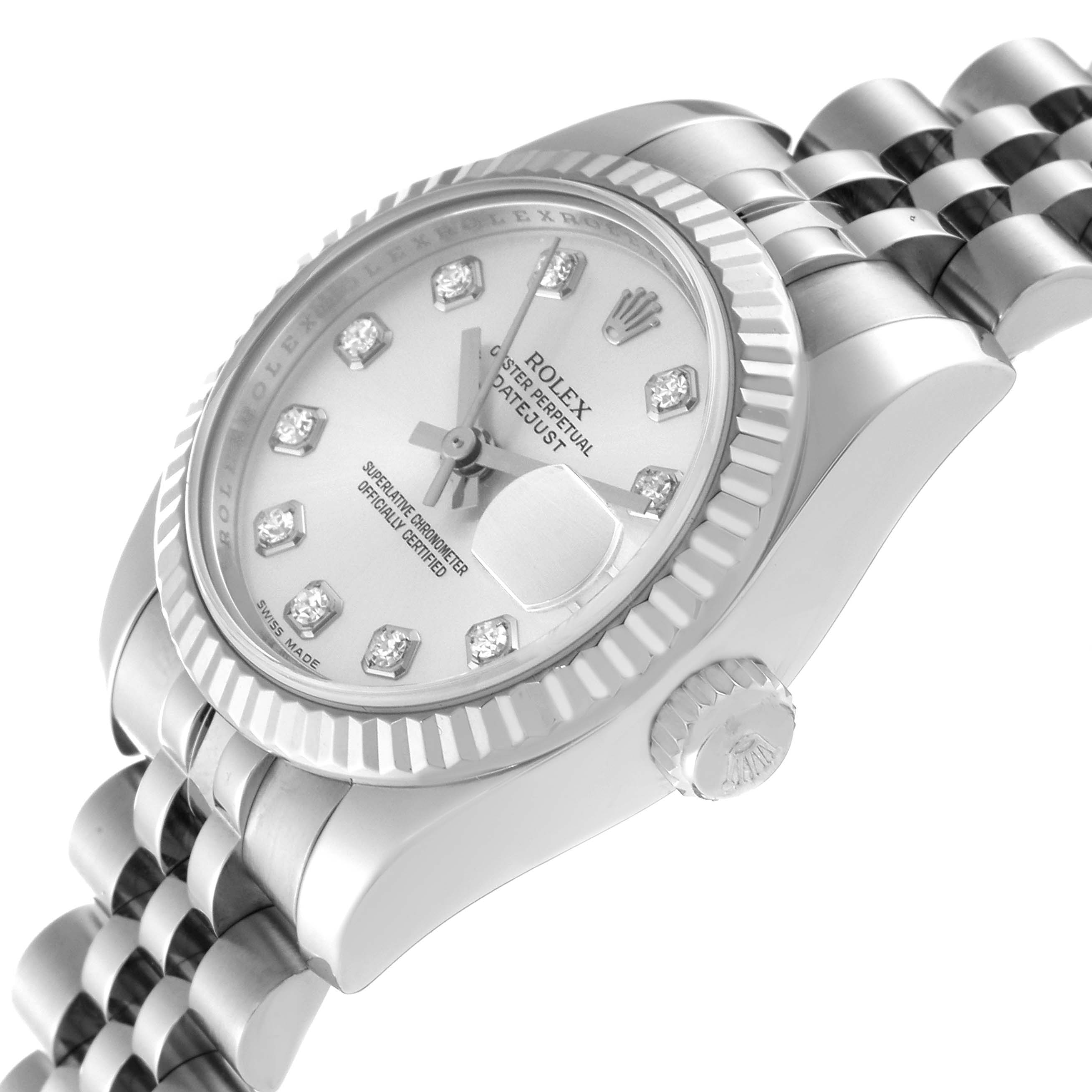 The image shows a close-up angle of a Rolex Datejust 179174 Women's Stainless Steel Silver Dial 179174 Women's Stainless Steel Silver Dial watch highlighting the dial, bezel, crown, and part of the bracelet.