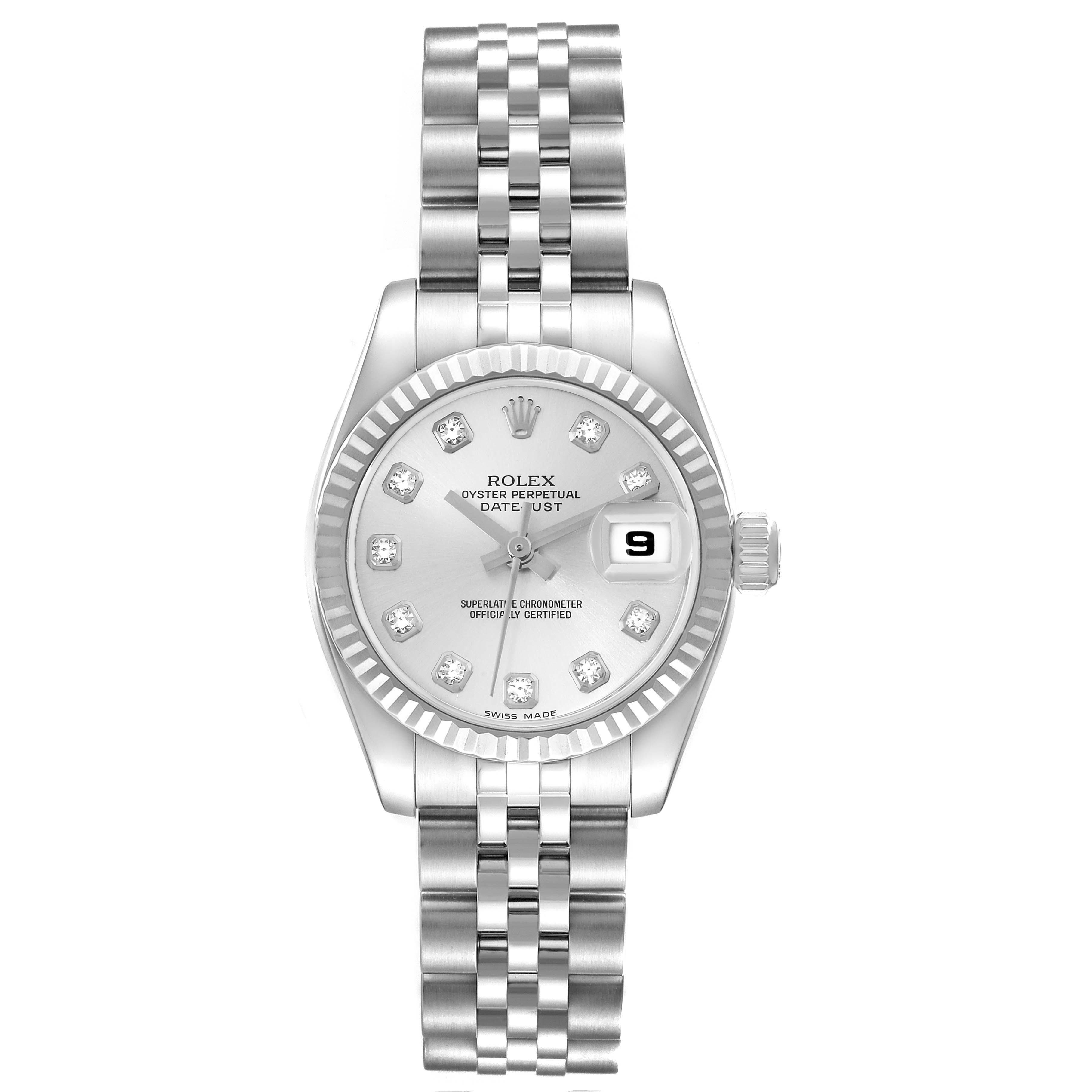 The image shows a Rolex Datejust 179174 Women's Stainless Steel Silver Dial 179174 Women's Stainless Steel Silver Dial watch from a straight-on angle, detailing its face, crown, and bracelet.