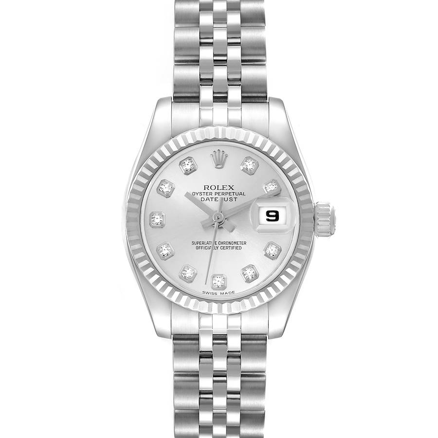 This image shows a front view of a Rolex Datejust 179174 Women's Stainless Steel Silver Dial 179174 Women's Stainless Steel Silver Dial watch, highlighting its dial, bezel, and bracelet.