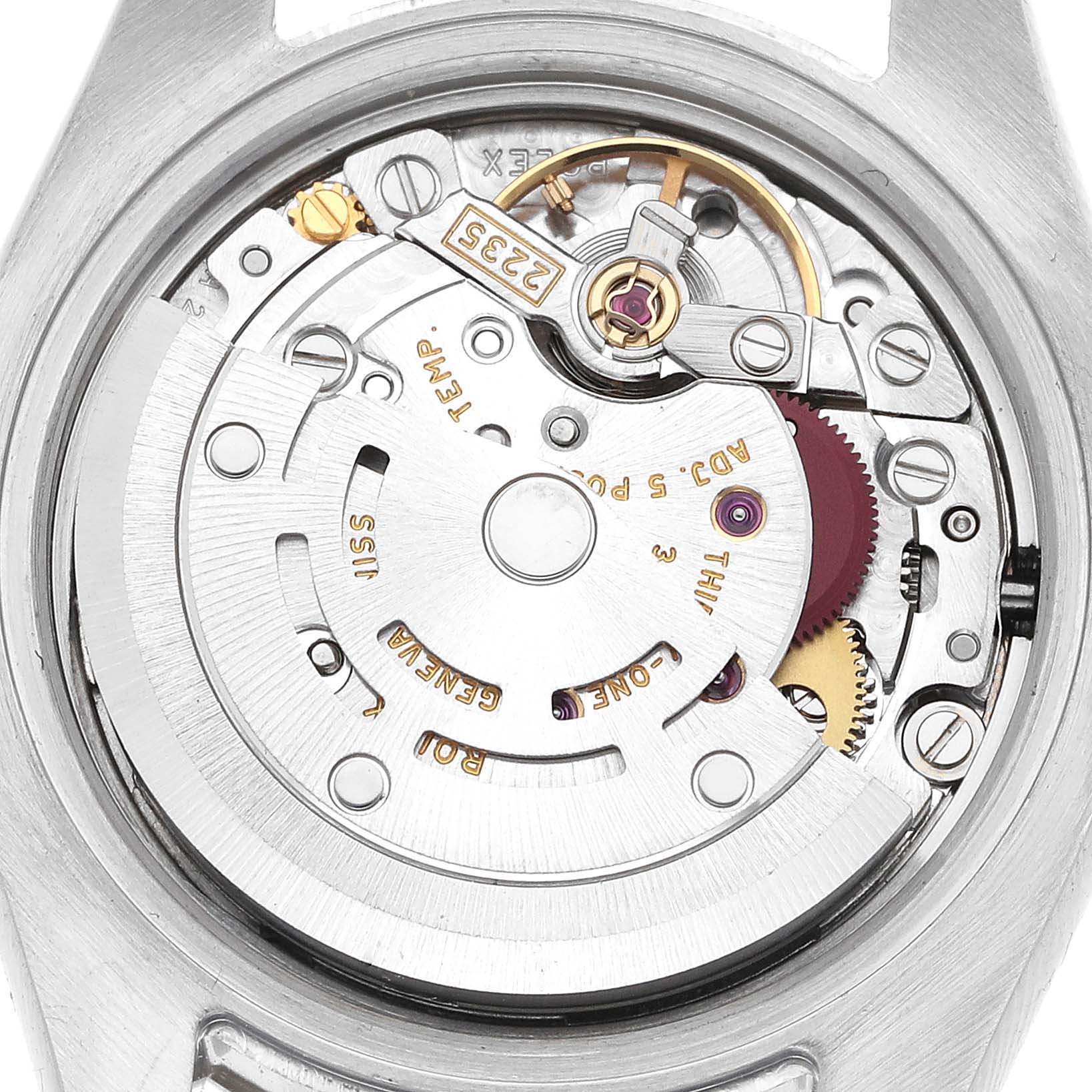 The image shows a close-up of the movement mechanism of a Rolex Datejust 179174 Women's Stainless Steel Silver Dial 179174 Women's Stainless Steel Silver Dial watch, highlighting its intricate internal components.