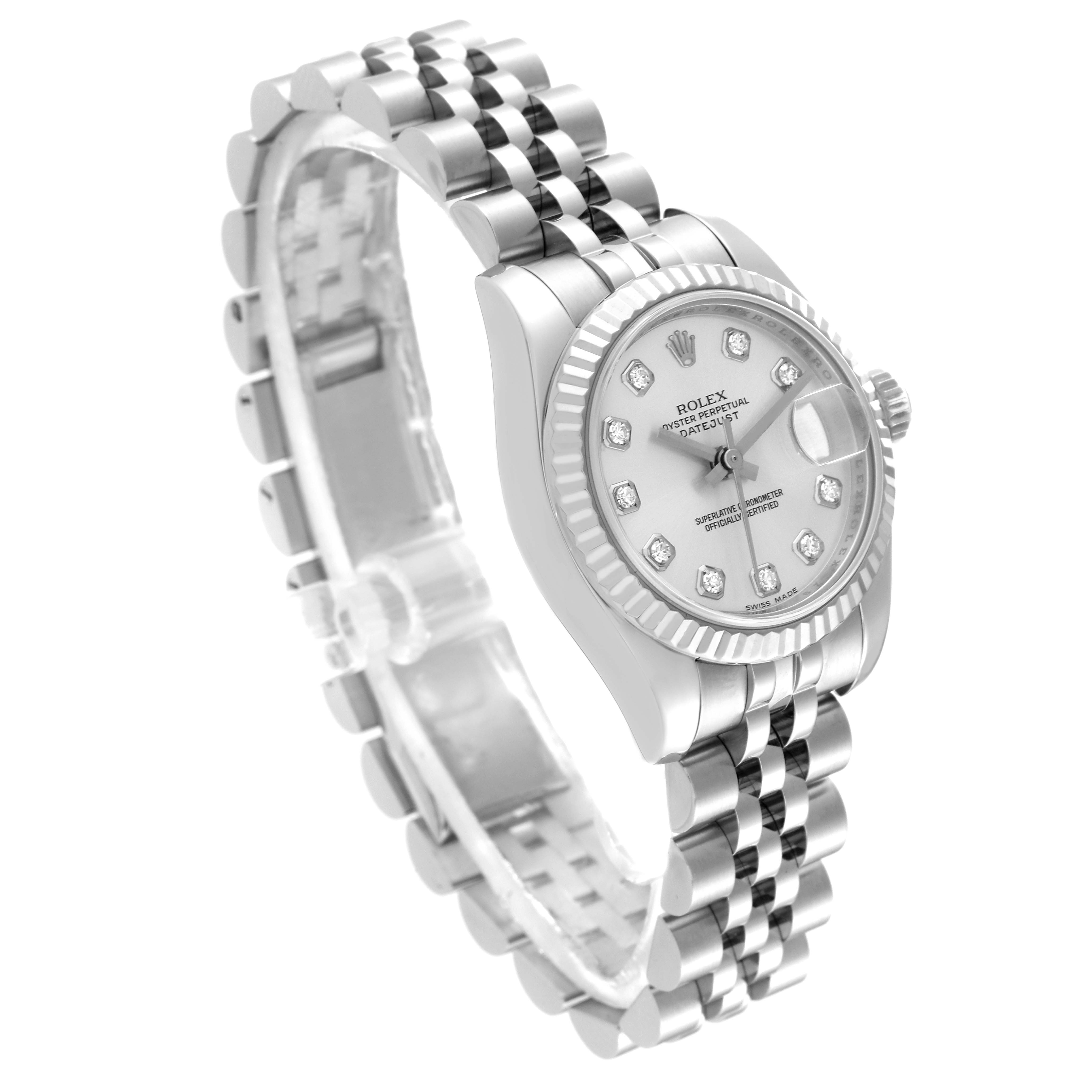 The image shows a Rolex Datejust 179174 Women's Stainless Steel Silver Dial 179174 Women's Stainless Steel Silver Dial watch at a slight angle, highlighting the face, bezel, and bracelet.