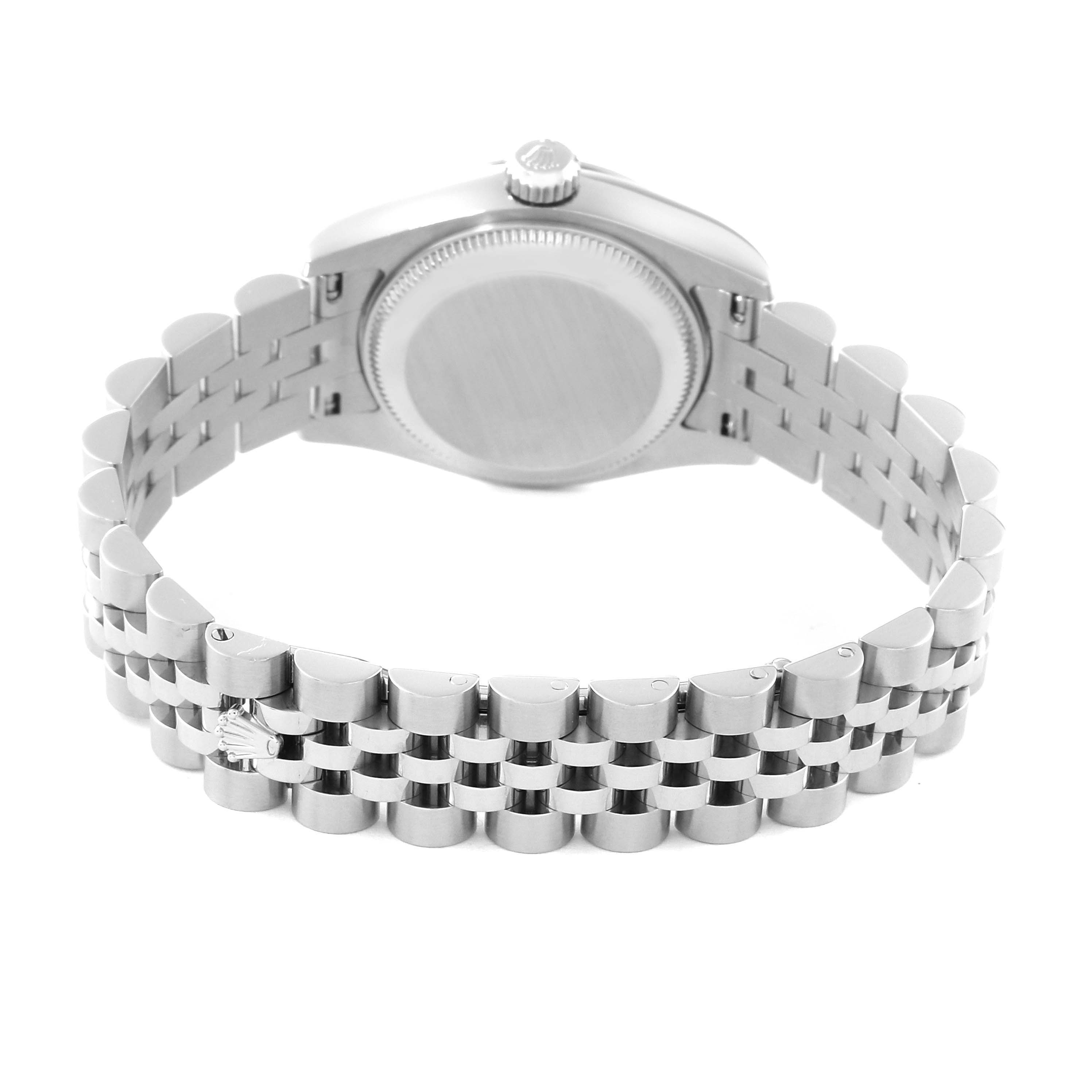 The image shows the back of the Rolex Datejust 179174 Women's Stainless Steel Silver Dial 179174 Women's Stainless Steel Silver Dial watch, highlighting its case, crown, and jubilee bracelet.