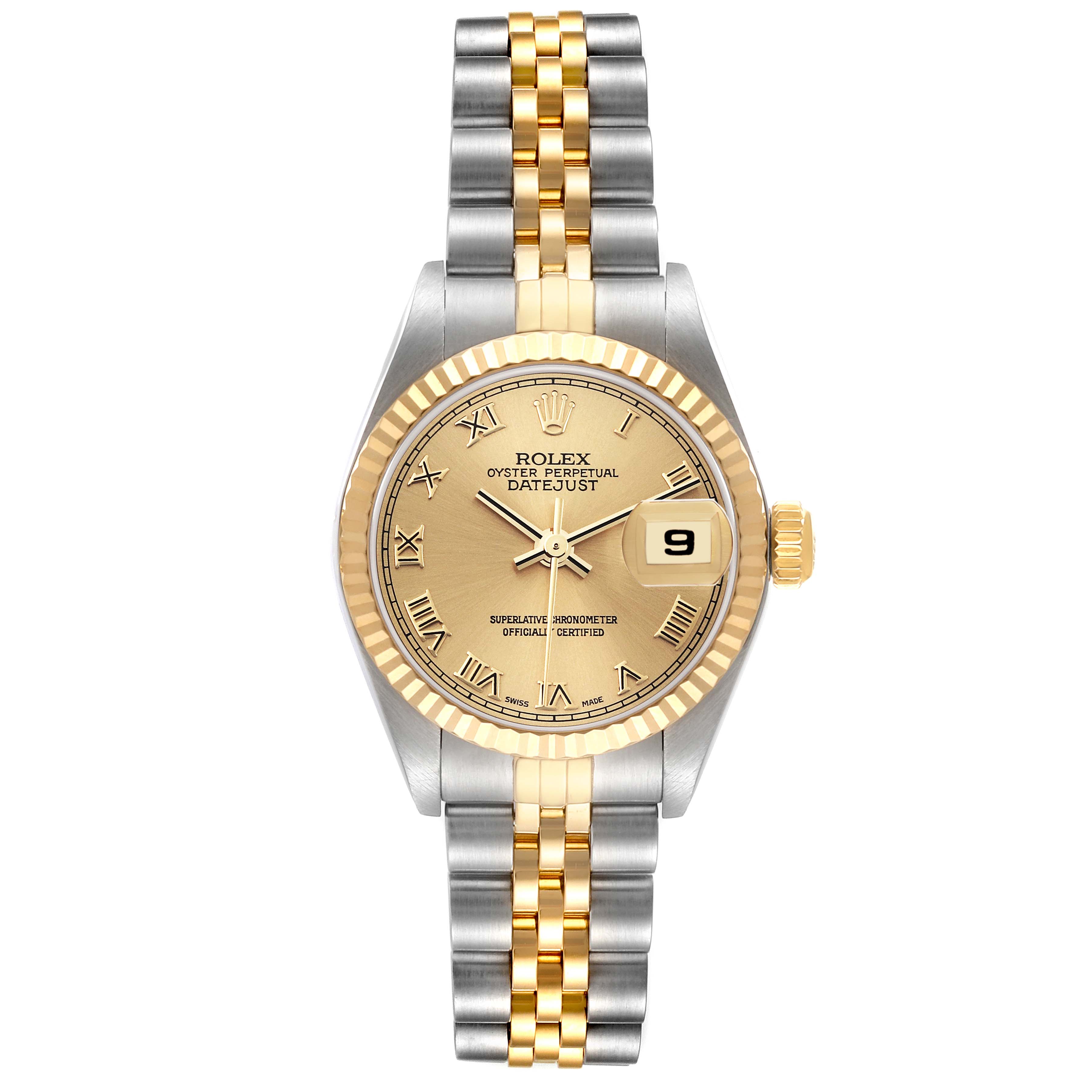 This image shows a frontal view of the Rolex Datejust 79173 Women's Steel and Gold (two tone) Champagne Dial 79173 Women's Steel and Gold (two tone) Champagne Dial, featuring its two-tone bracelet, fluted bezel, and date display at 3 o'clock.