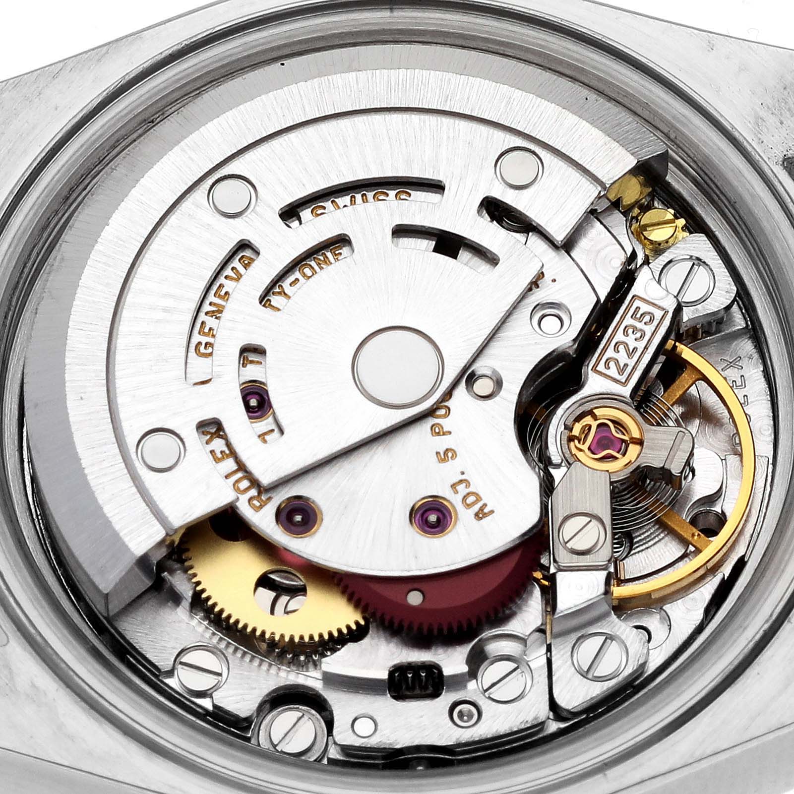 This image shows a close-up of the movement and internal components of a Rolex Datejust 79173 Women's Steel and Gold (two tone) Champagne Dial 79173 Women's Steel and Gold (two tone) Champagne Dial watch.