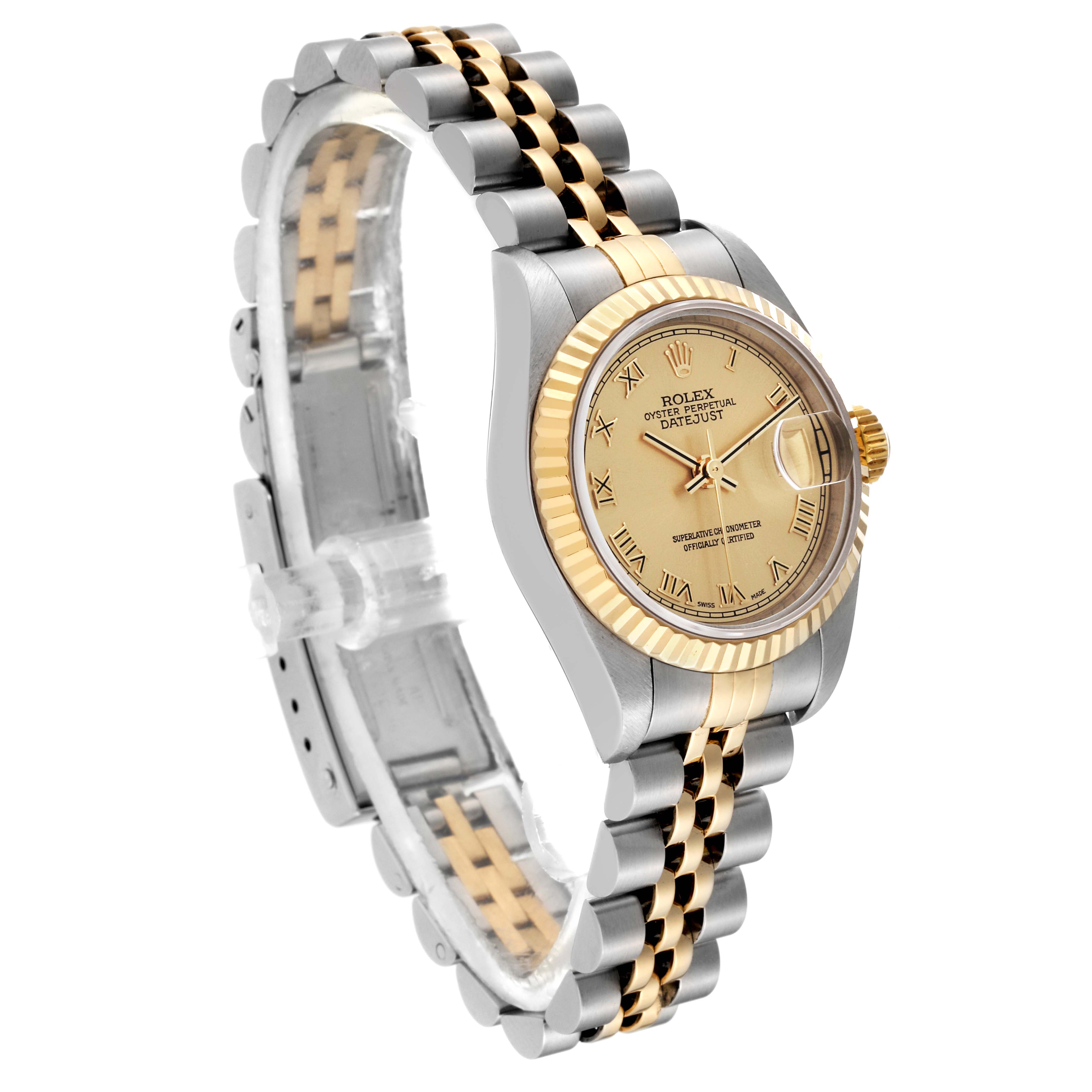 The image shows a Rolex Datejust 79173 Women's Steel and Gold (two tone) Champagne Dial 79173 Women's Steel and Gold (two tone) Champagne Dial watch from a three-quarter angle, displaying the dial, bezel, and jubilee bracelet.