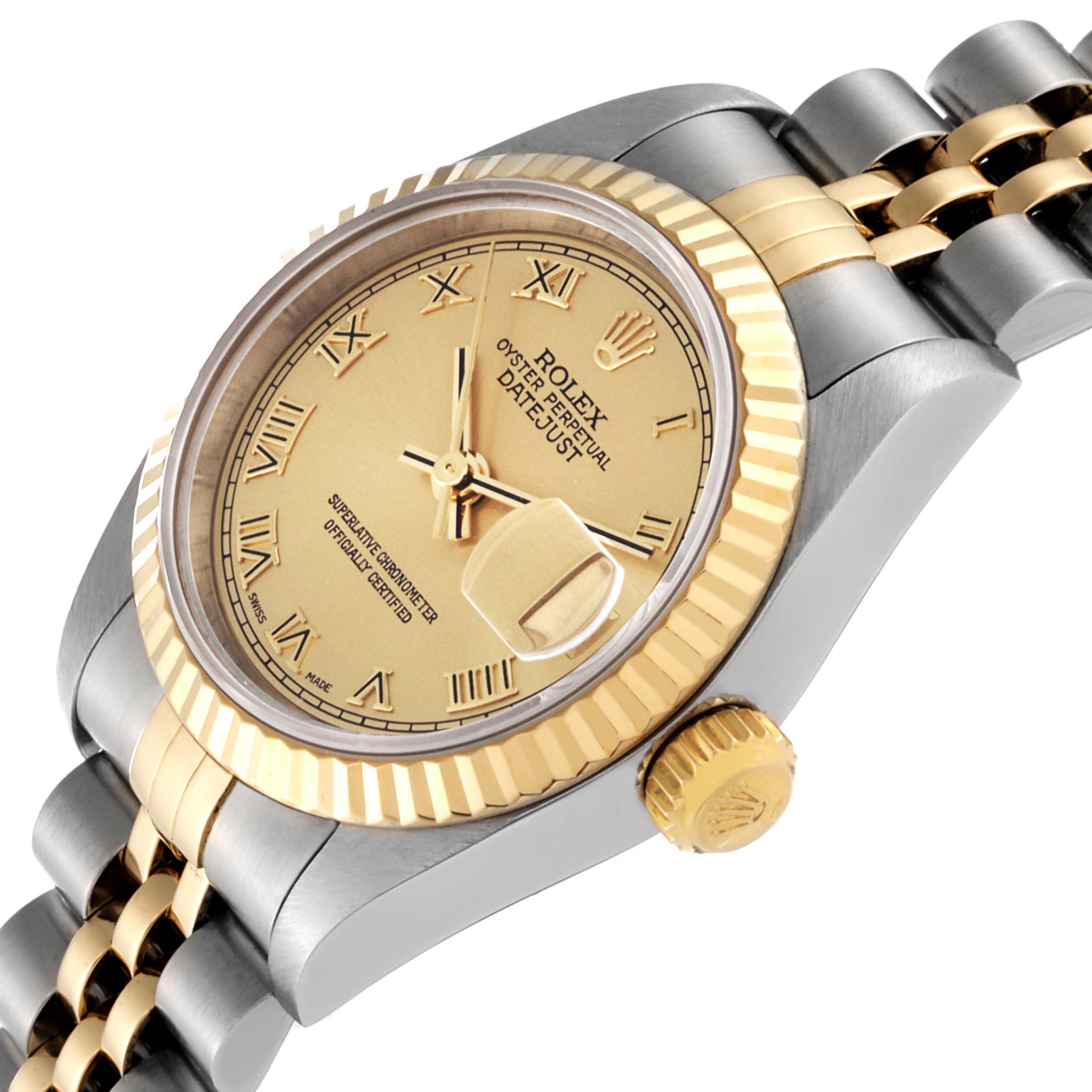 The image shows a Rolex Datejust 79173 Women's Steel and Gold (two tone) Champagne Dial 79173 Women's Steel and Gold (two tone) Champagne Dial watch from a slight side angle, highlighting the dial, bezel, and part of the bracelet.