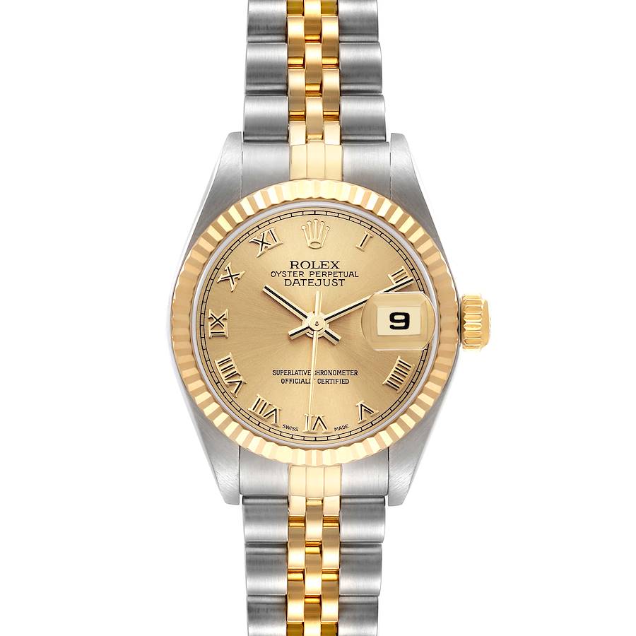 The image shows a top-down view of a Rolex Datejust 79173 Women's Steel and Gold (two tone) Champagne Dial 79173 Women's Steel and Gold (two tone) Champagne Dial watch, highlighting the dial, bracelet, case, and crown.