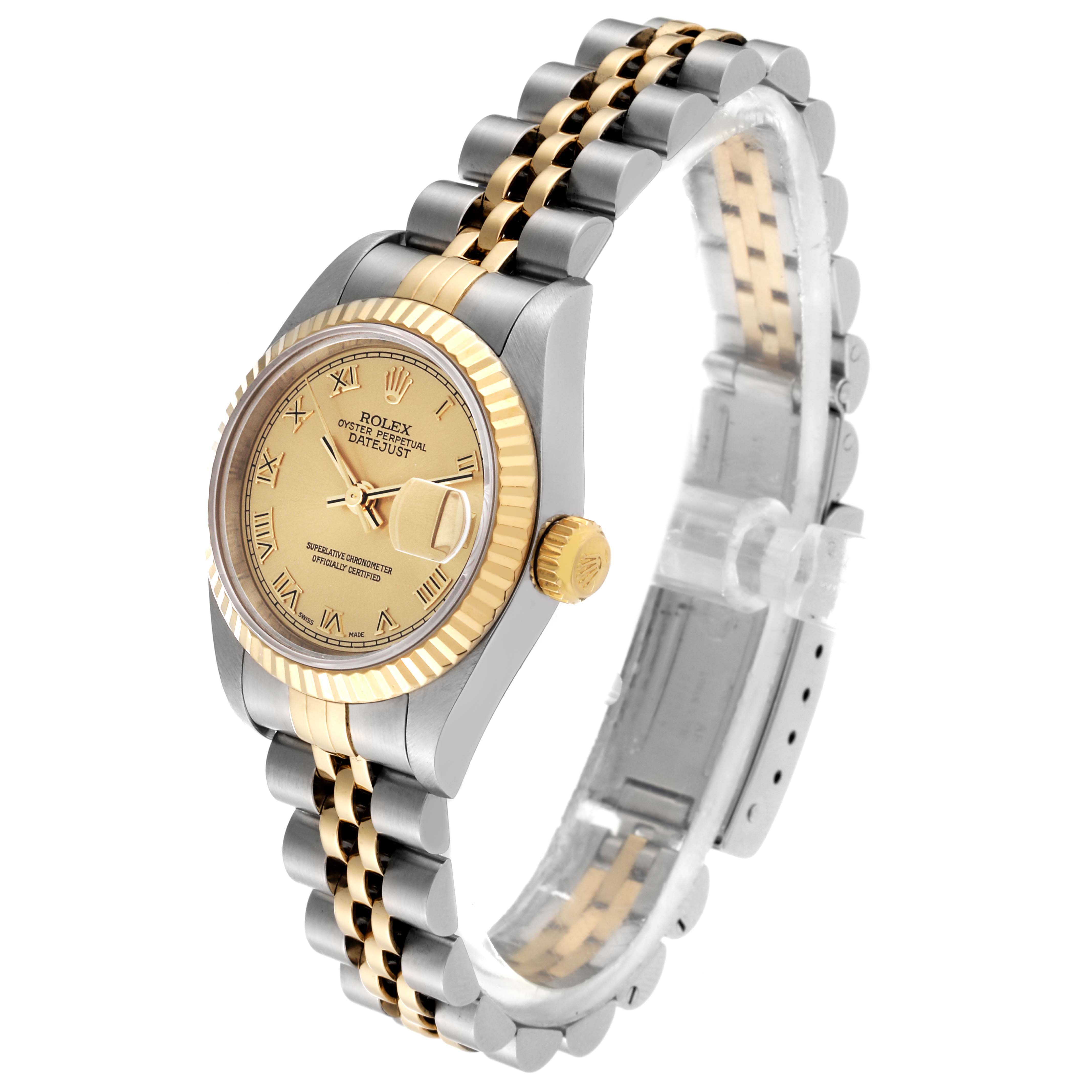 The Rolex Datejust 79173 Women's Steel and Gold (two tone) Champagne Dial 79173 Women's Steel and Gold (two tone) Champagne Dial watch is displayed at an angle, showing its face, bezel, crown, and bracelet.